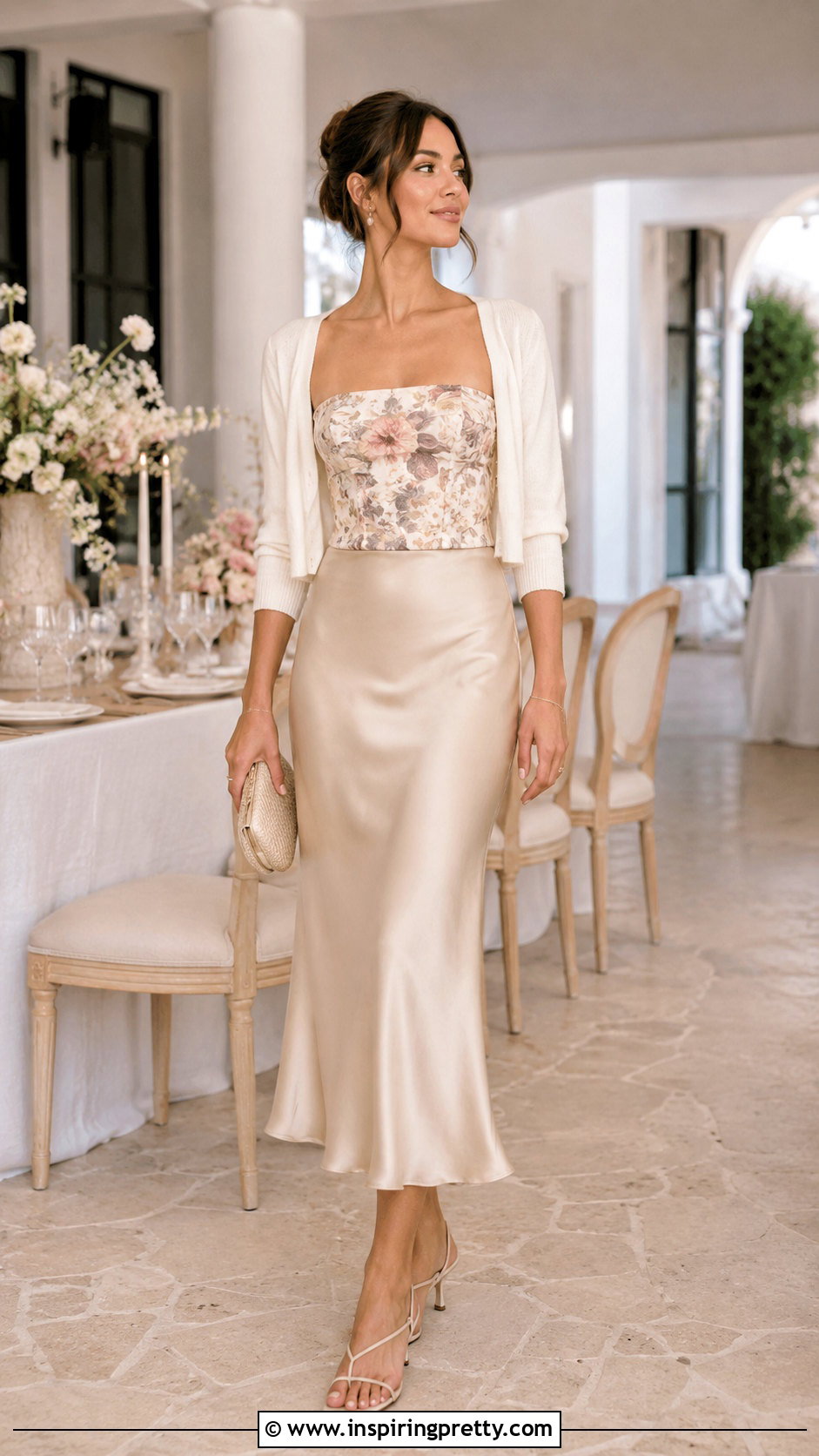 Floral Tube Top With Satin Midi Skirt - 25 Tube Top Skirt Dress outfit ideas