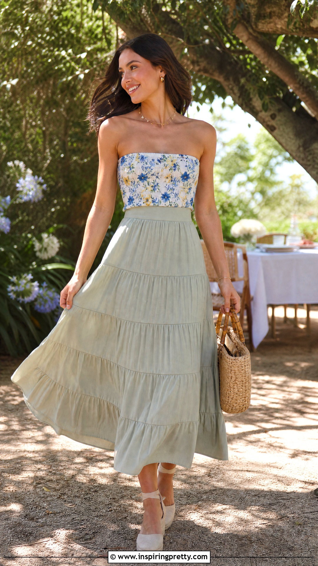 Floral Tube Top With Tiered Midi Skirt - 20 floral tube top summer outfit ideas