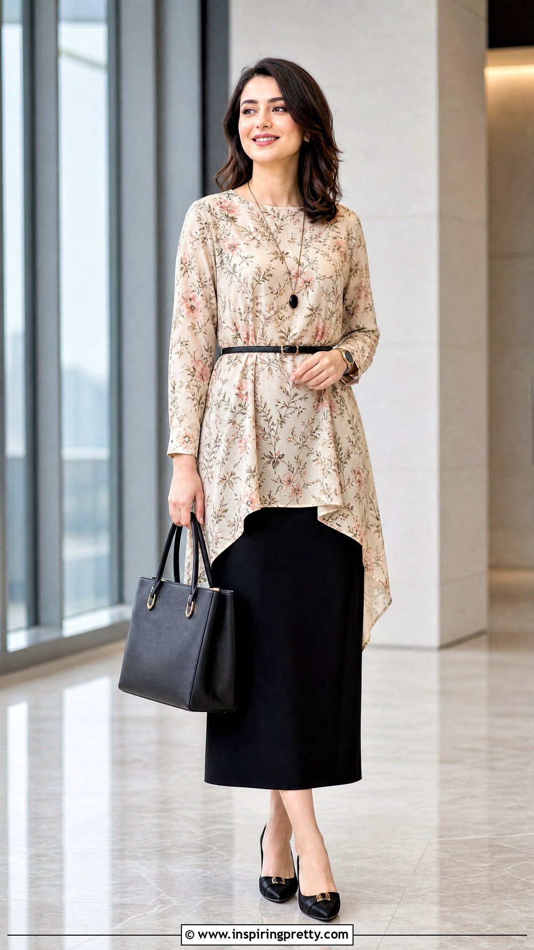 Floral Tunic Top With Black Straight Skirt - 20 Floral Top With Black Skirt And Accessories