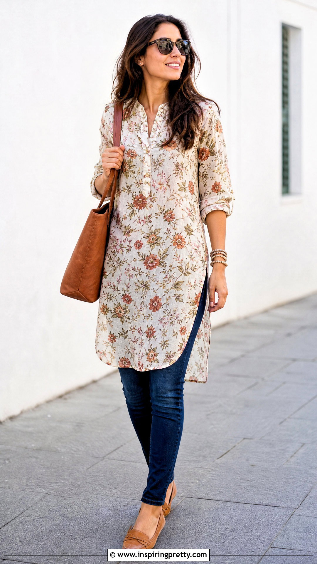 Floral Tunic Top With Slim Jeans And Moccasin Flats - 20 Floral Top With Jeans And Flats