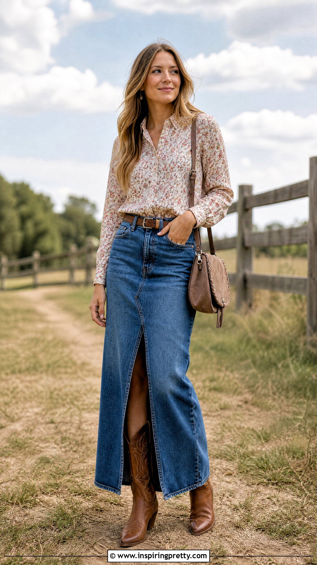 Floral Western Top With Denim Maxi Skirt - 50 western tops outfit ideas