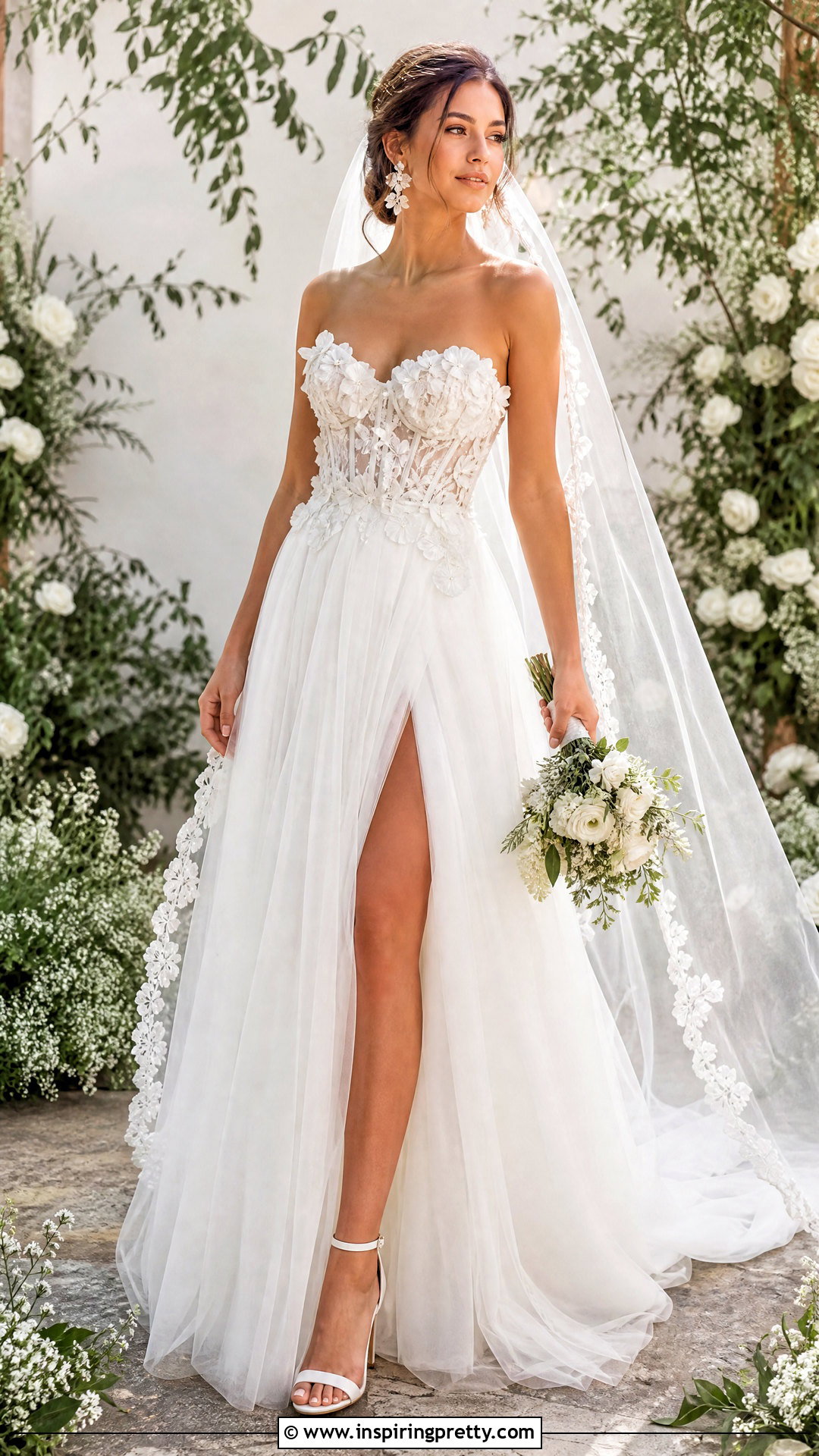 Floral White Corset Top With Tulle Maxi Skirt - 25 White Corset Top Wedding outfit ideas