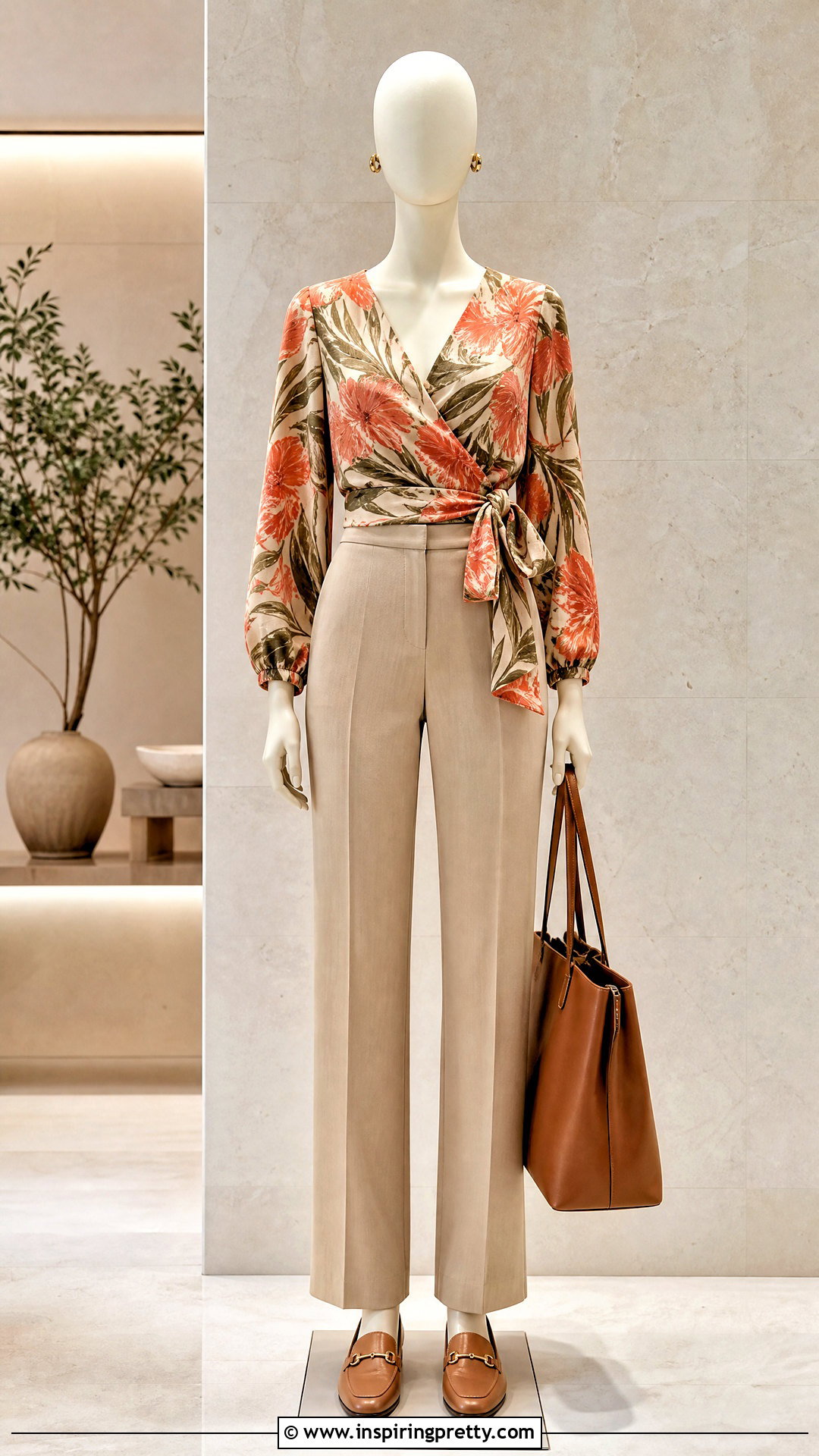 Floral Wrap Top With Beige Trousers - 20 floral wrap top on mannequins