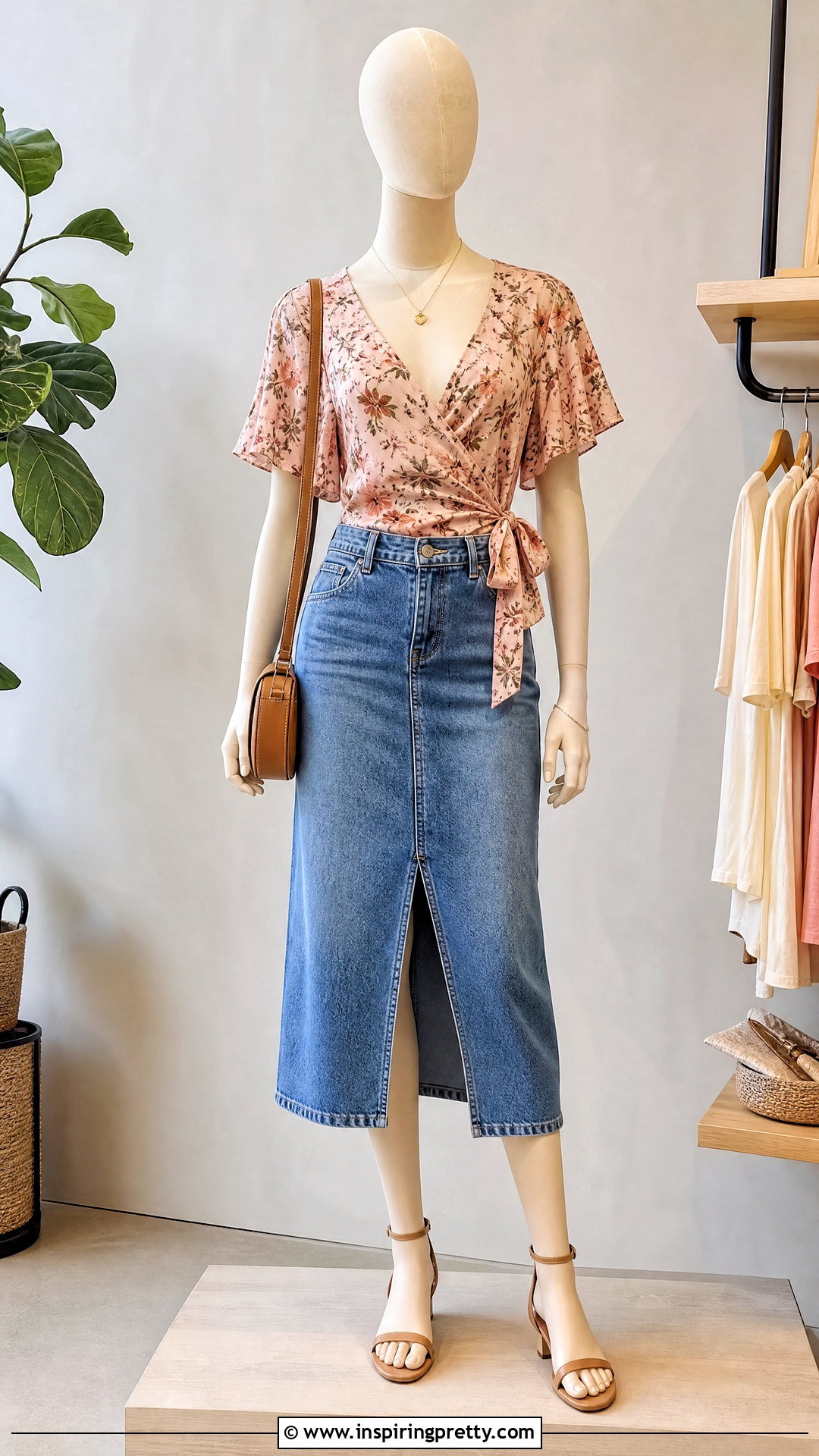 Floral Wrap Top With Denim Midi Skirt - 20 floral wrap top on mannequins