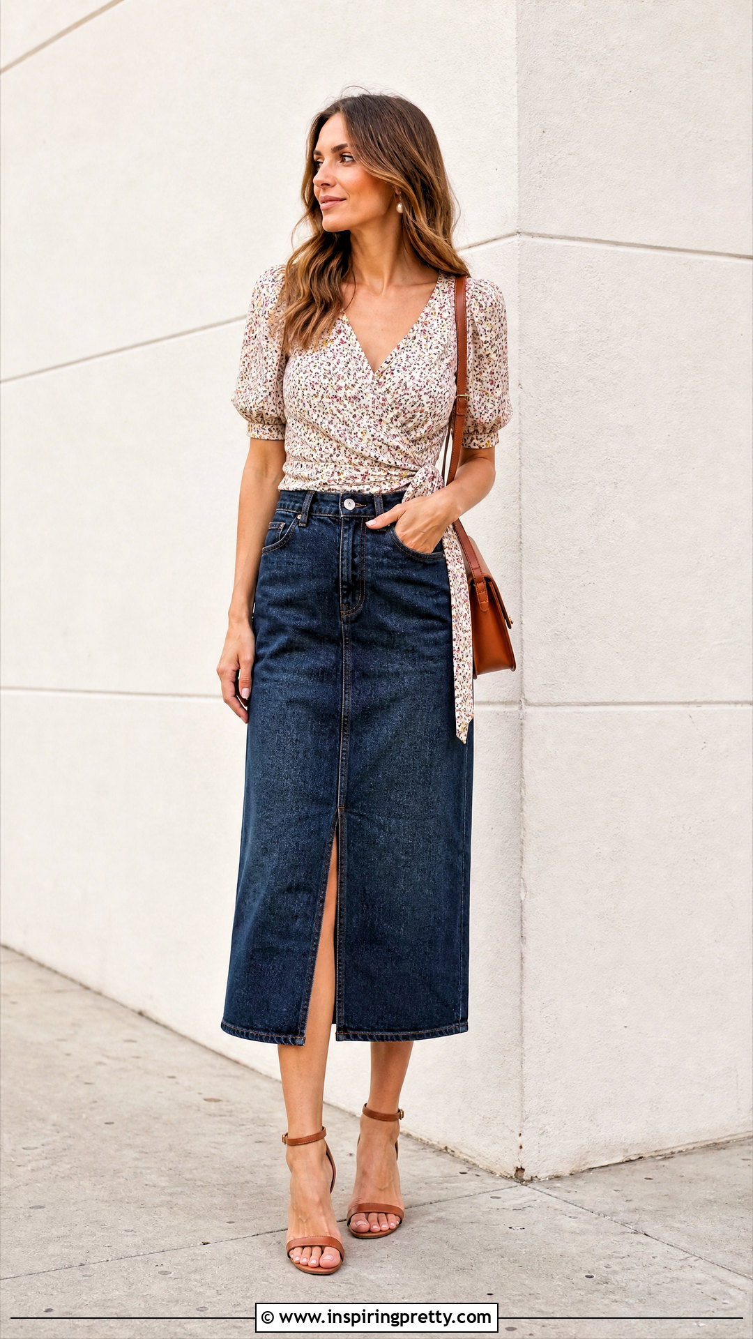Floral Wrap Top With Denim Midi Skirt - 20 floral wrap top outfit ideas
