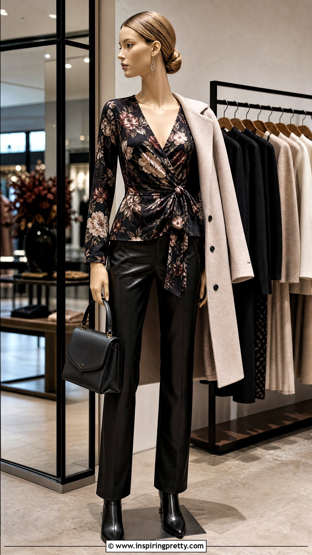 Floral Wrap Top With Faux Leather Pants - 20 floral wrap top on mannequins