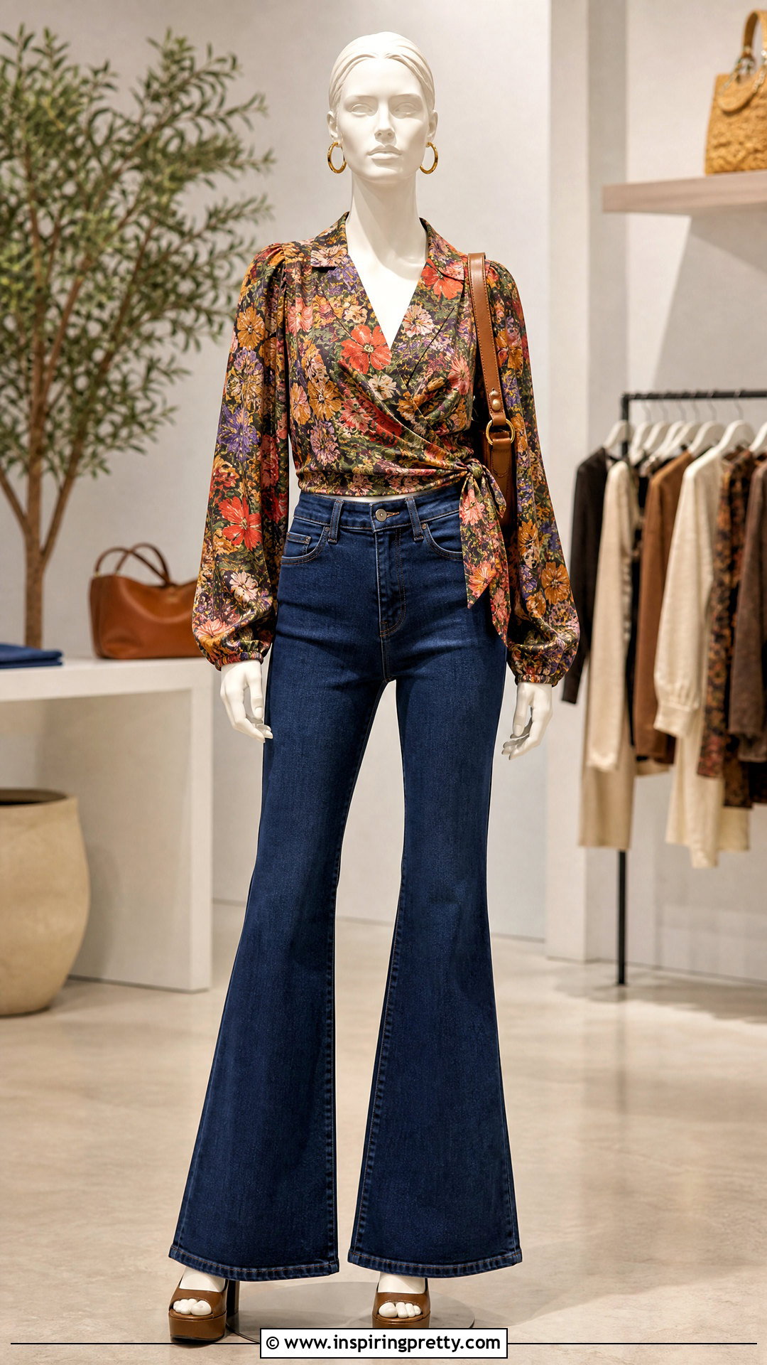 Floral Wrap Top With Flared Jeans - 20 floral wrap top on mannequins