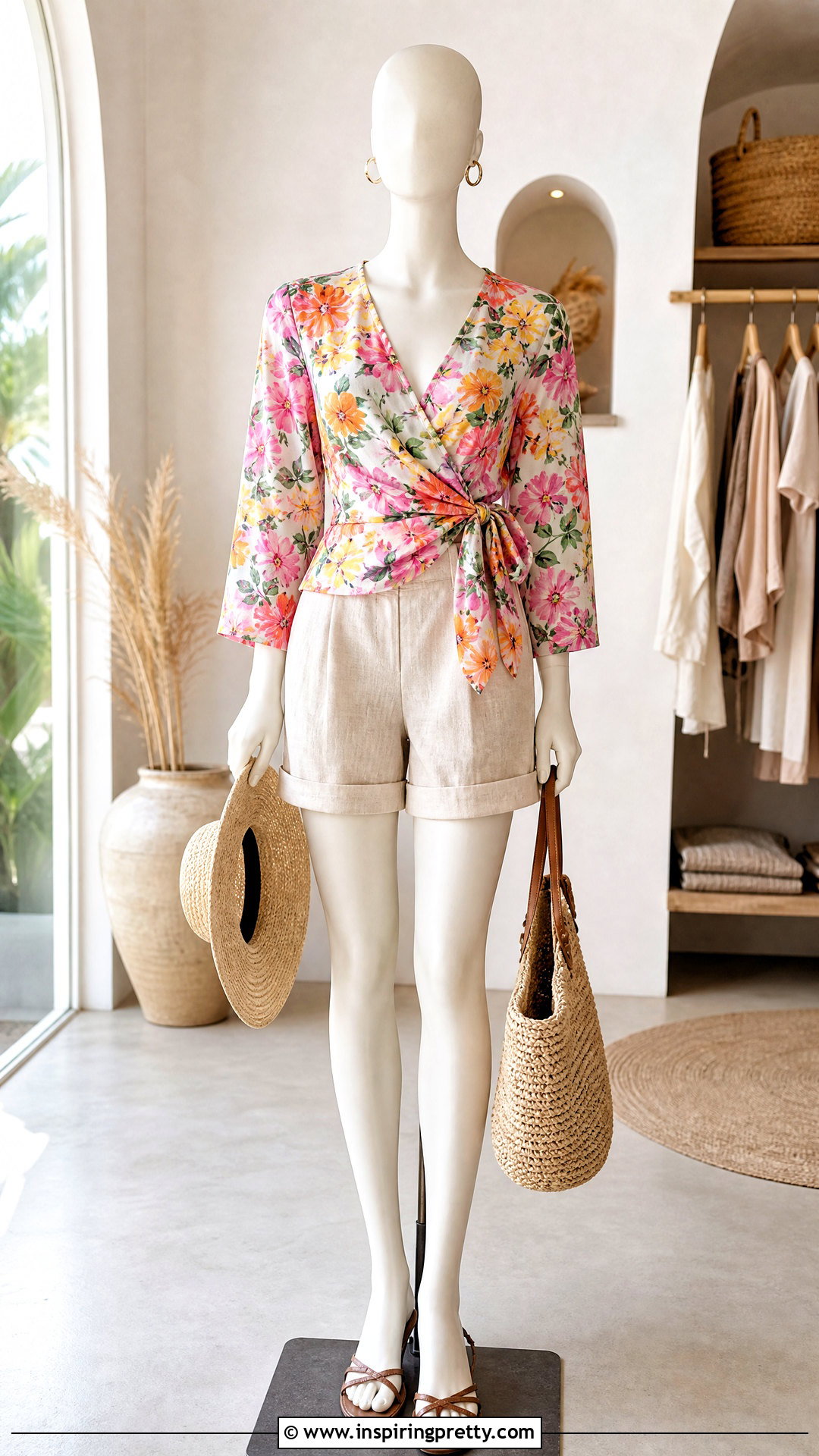 Floral Wrap Top With Linen Shorts - 20 floral wrap top on mannequins