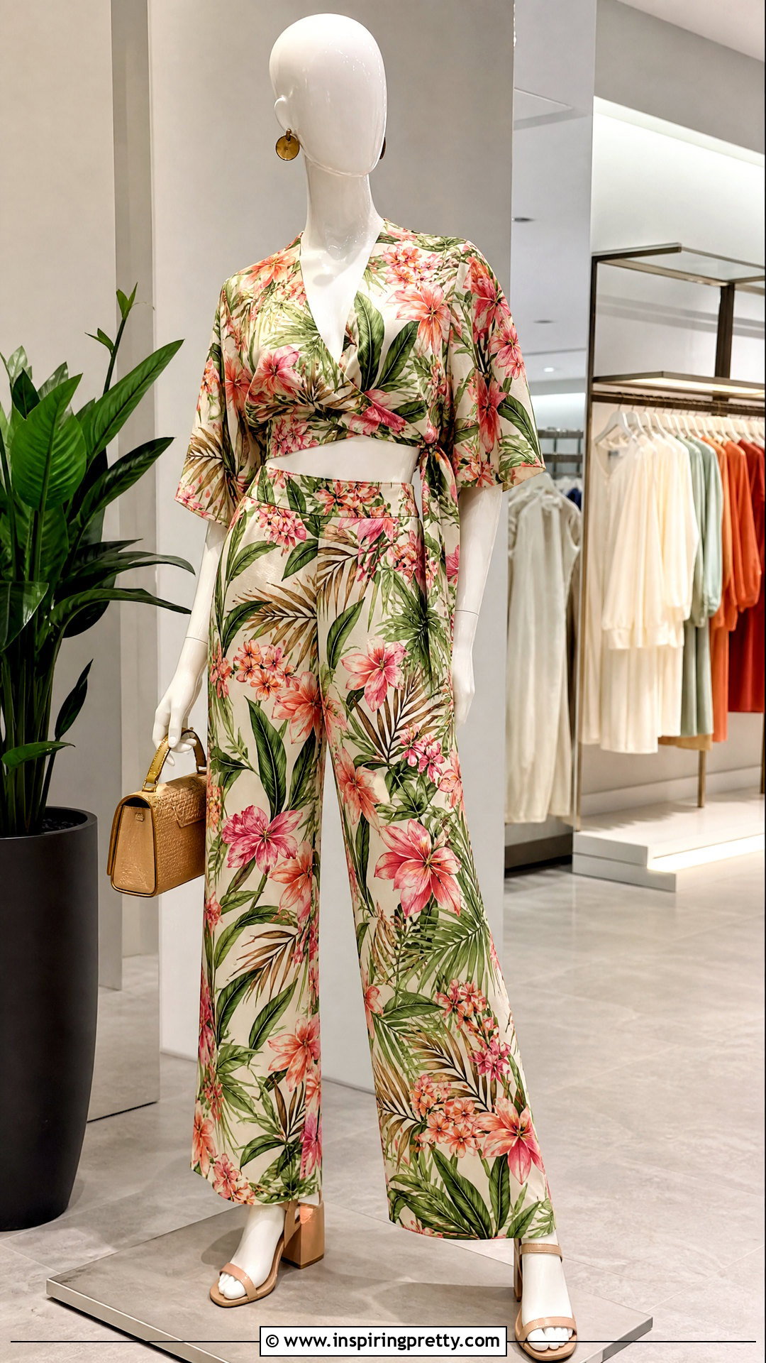 Floral Wrap Top With Matching Wide Leg Pants - 20 floral wrap top on mannequins