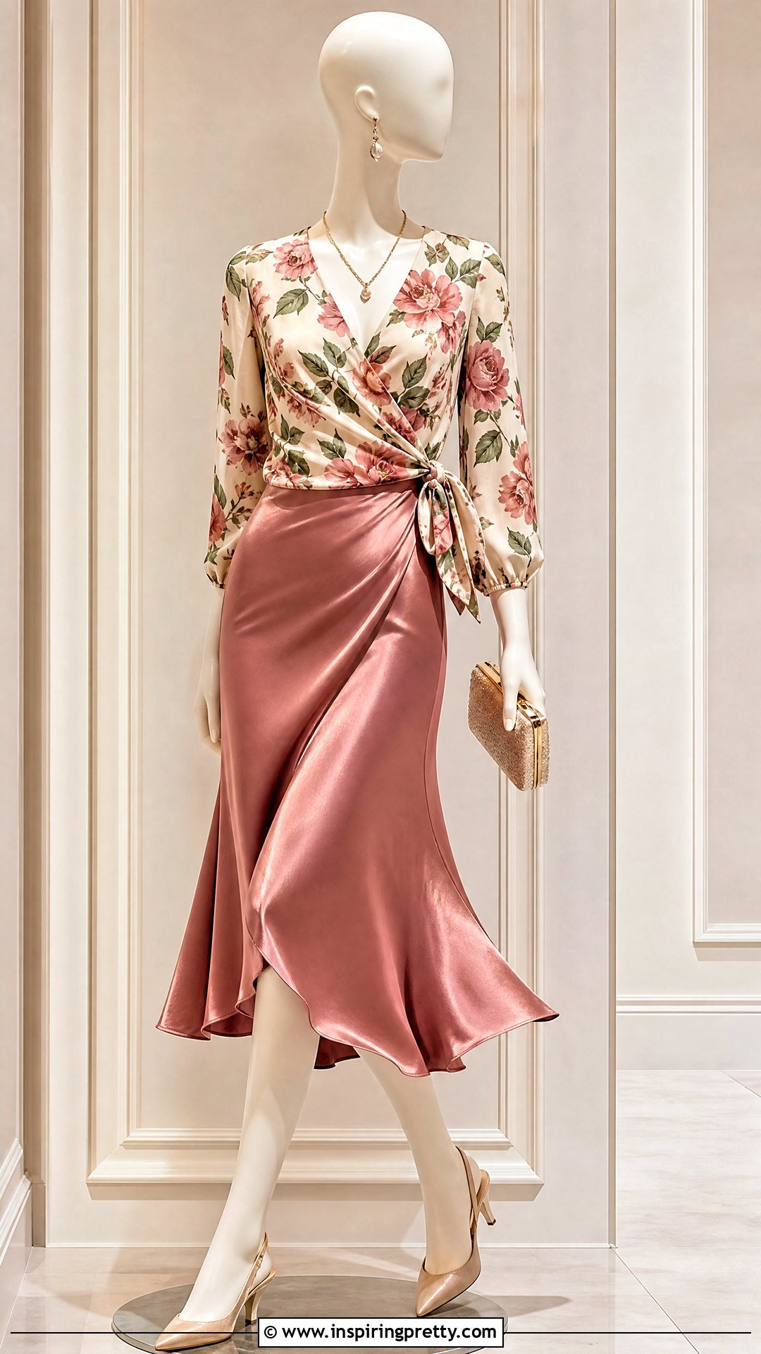 Floral Wrap Top With Satin Midi Skirt - 20 floral wrap top on mannequins