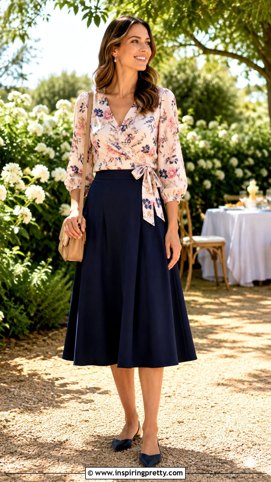 Floral Wrap Top With Solid Midi Skirt - 50 wrap top outfit classy ideas
