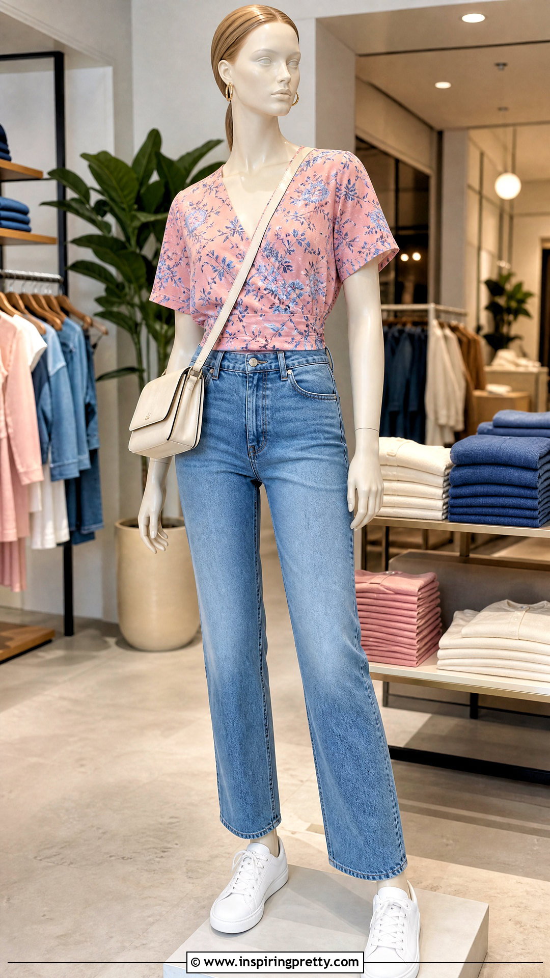 Floral Wrap Top With Straight Leg Jeans - 20 floral wrap top on mannequins