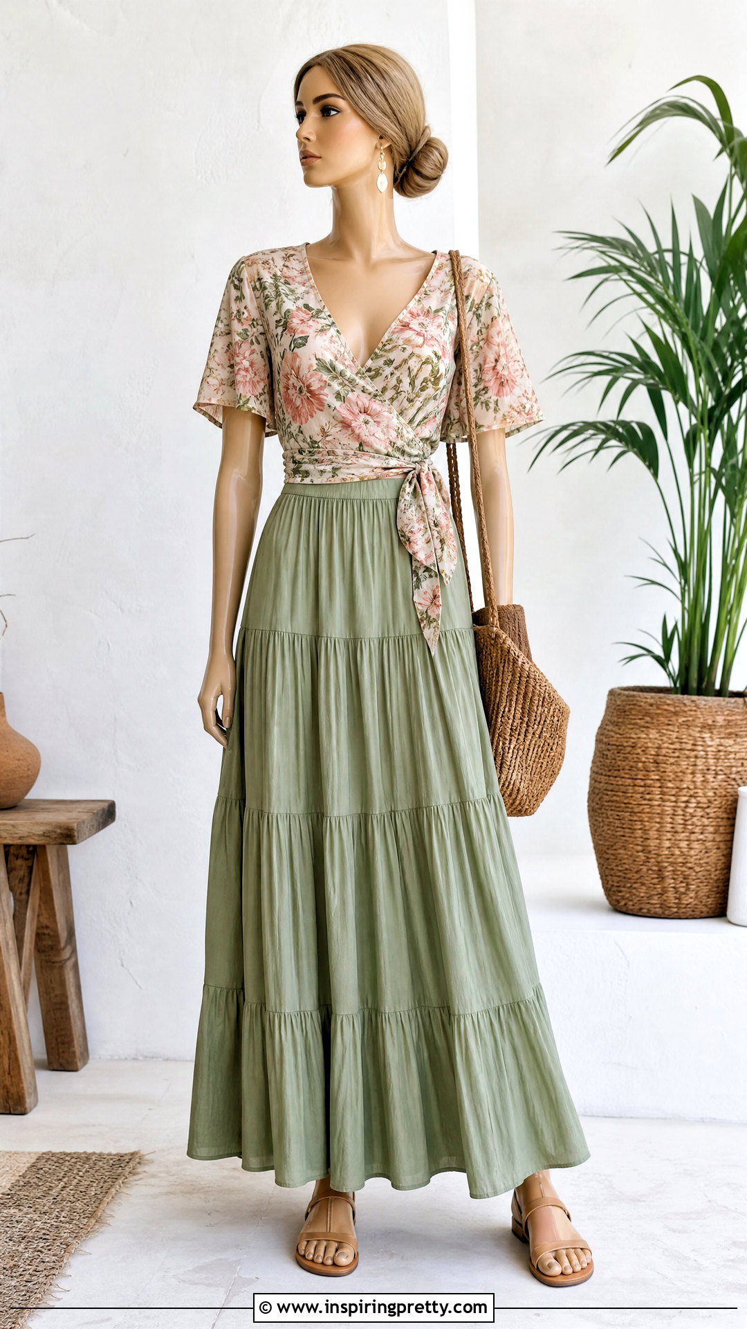 Floral Wrap Top With Tiered Maxi Skirt - 20 floral wrap top on mannequins