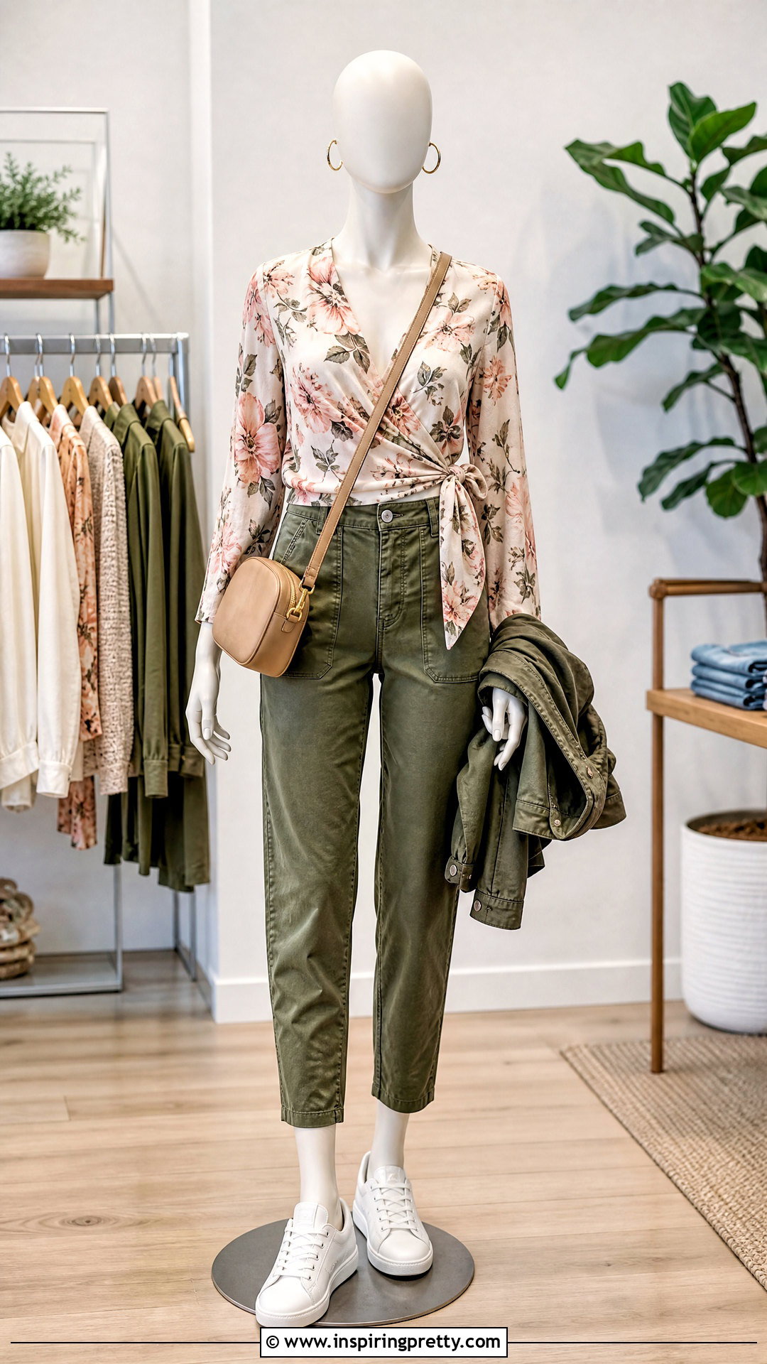 Floral Wrap Top With Utility Pants - 20 floral wrap top on mannequins