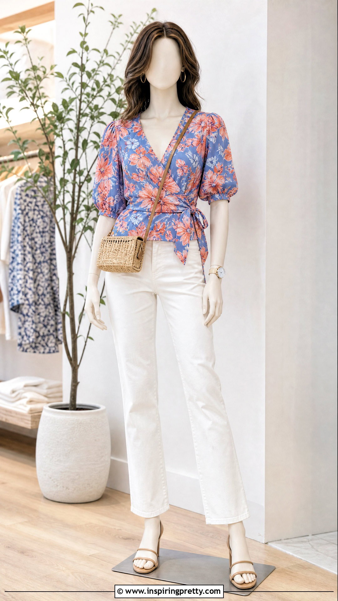 Floral Wrap Top With White Jeans - 20 floral wrap top on mannequins