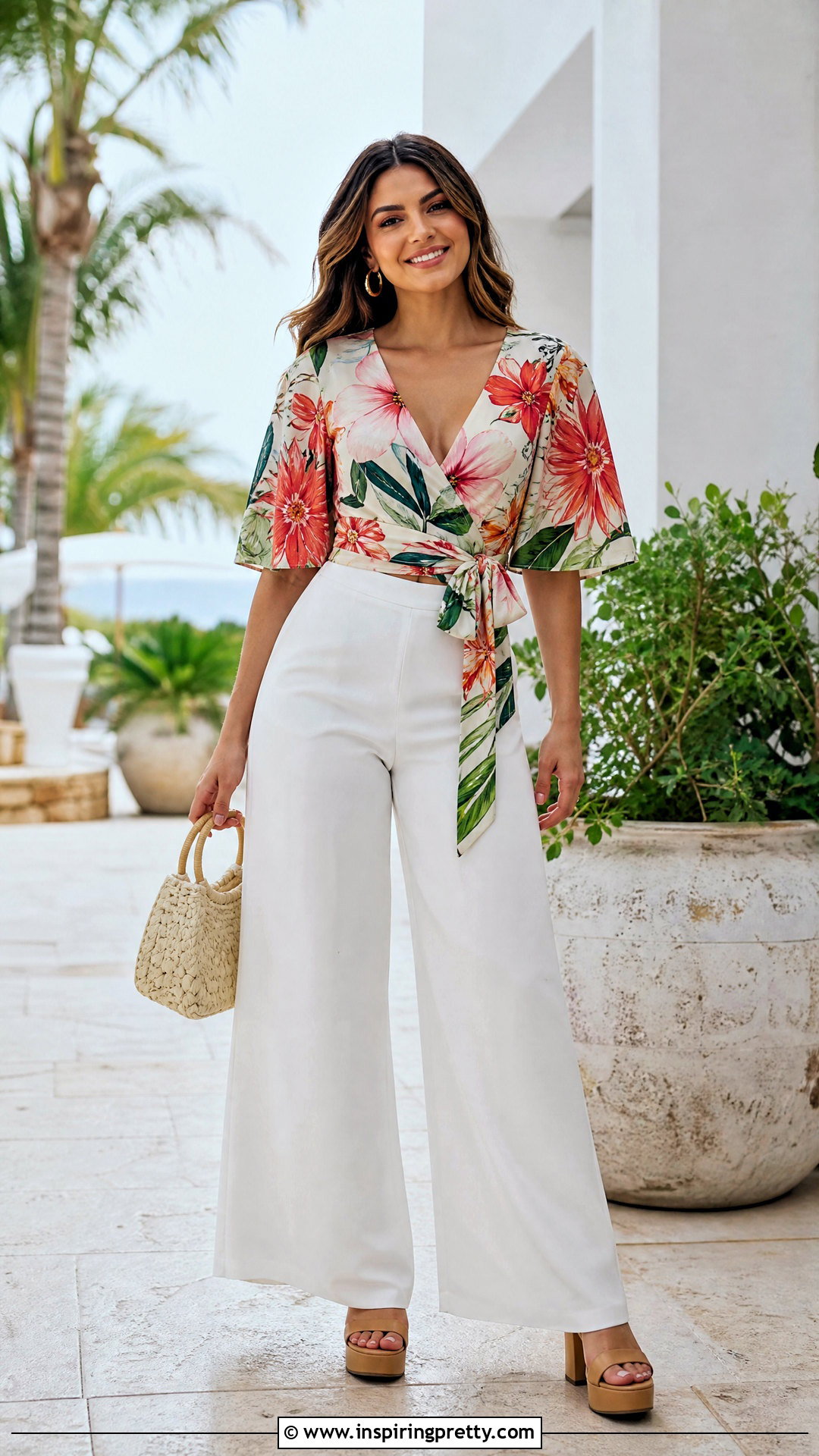 Floral Wrap Top With White Wide Leg Pants - 20 floral wrap top outfit ideas