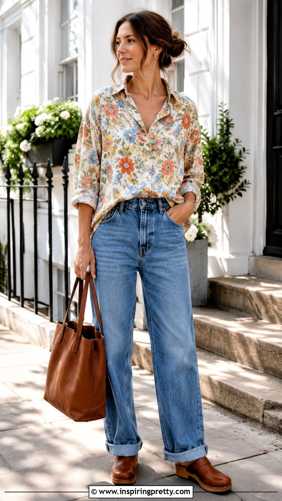 Flower Button Up Shirt With Relaxed Jeans - 50 Flower Top outfit ideas