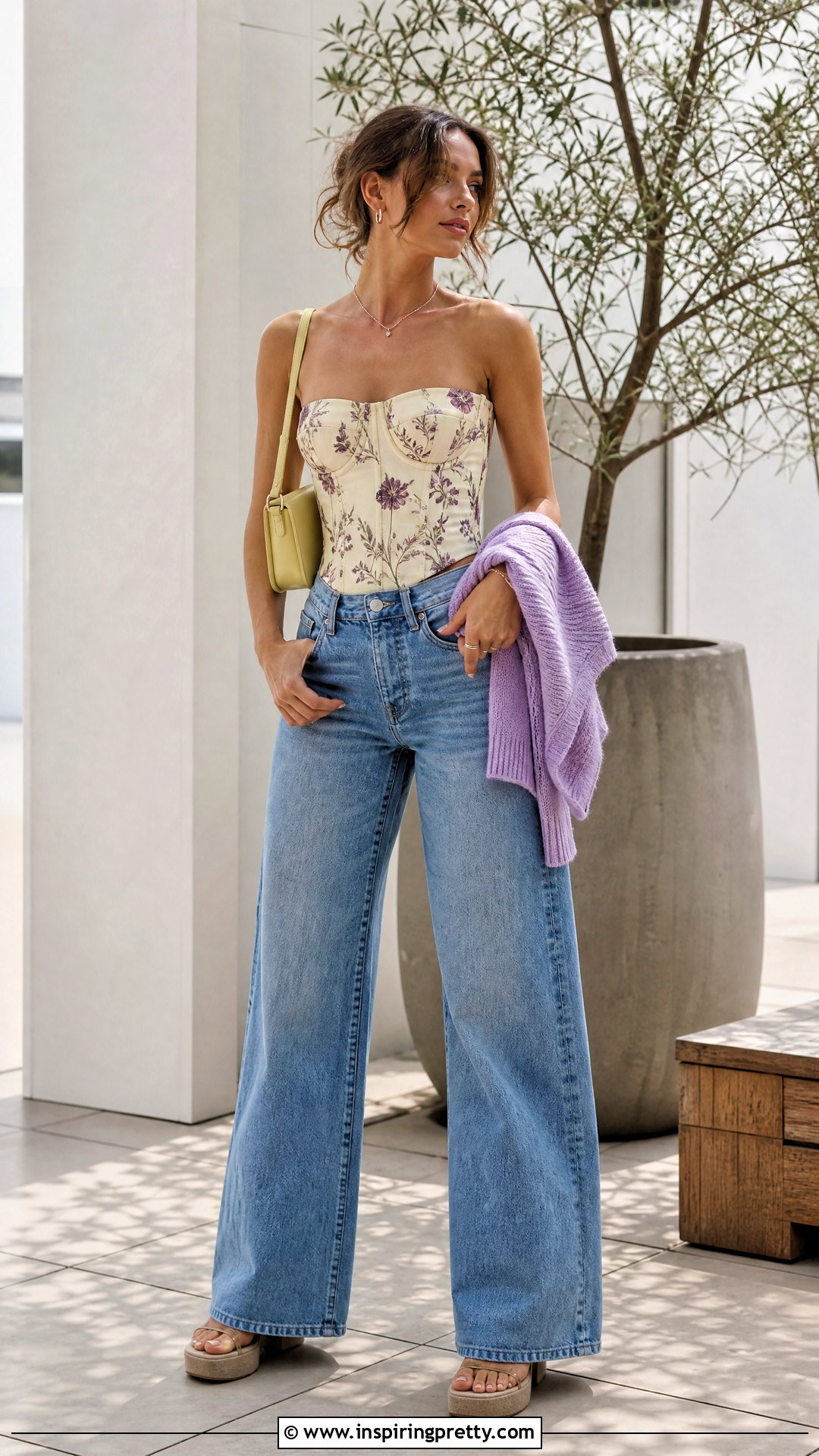 Flower Corset Top With Wide Leg Jeans - 50 Flower Top outfit ideas