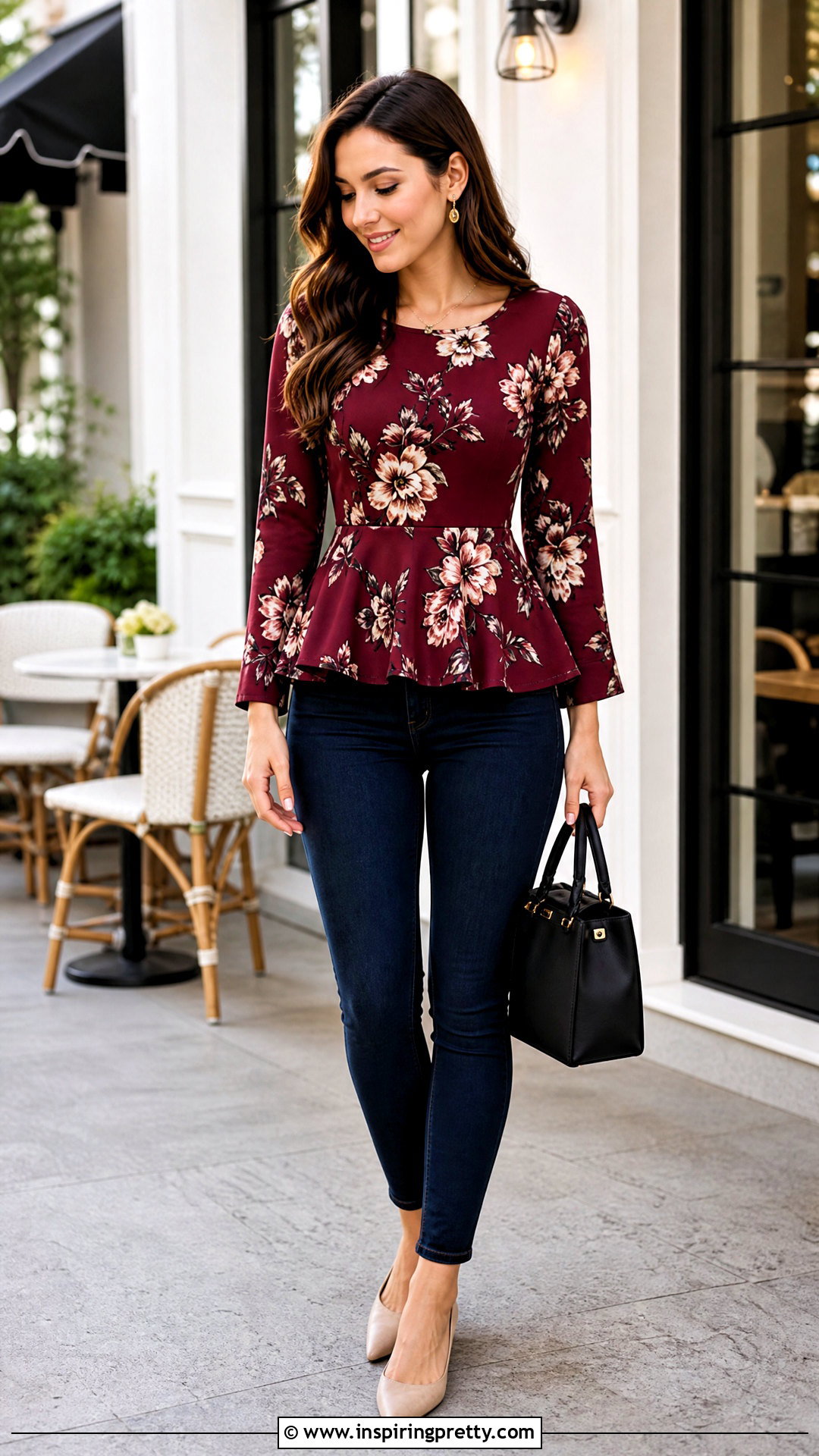 Flower Peplum Top With Skinny Jeans - 50 Flower Top outfit ideas