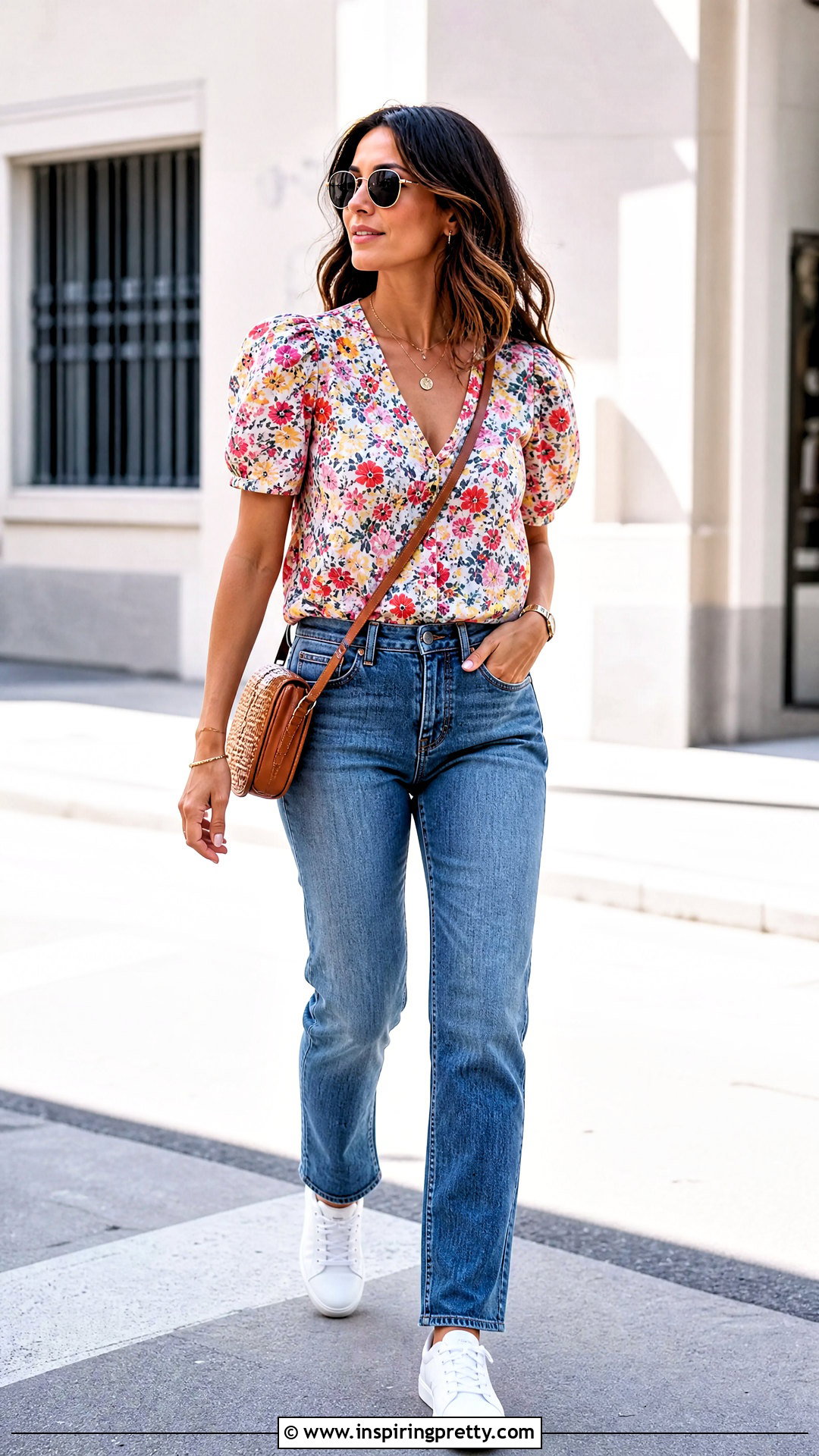 Flower Top With Blue Jeans and White Sneakers - 50 Flower Top outfit ideas