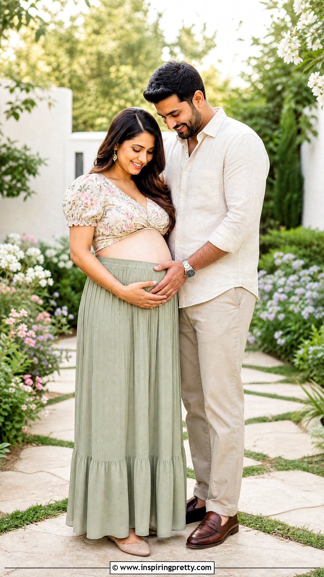 Flower Top With Coordinated Partner Outfit - 20 maternity flower top photoshoot ideas