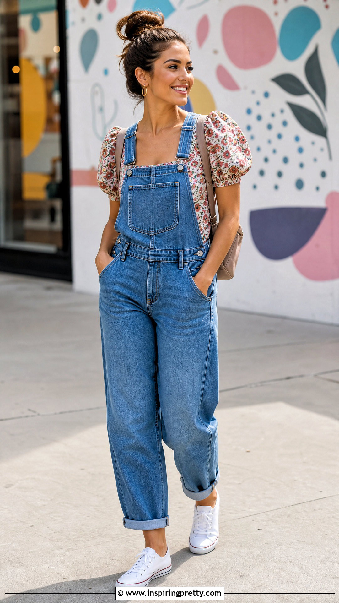 Flower Top With Denim Overalls - 50 Flower Top outfit ideas