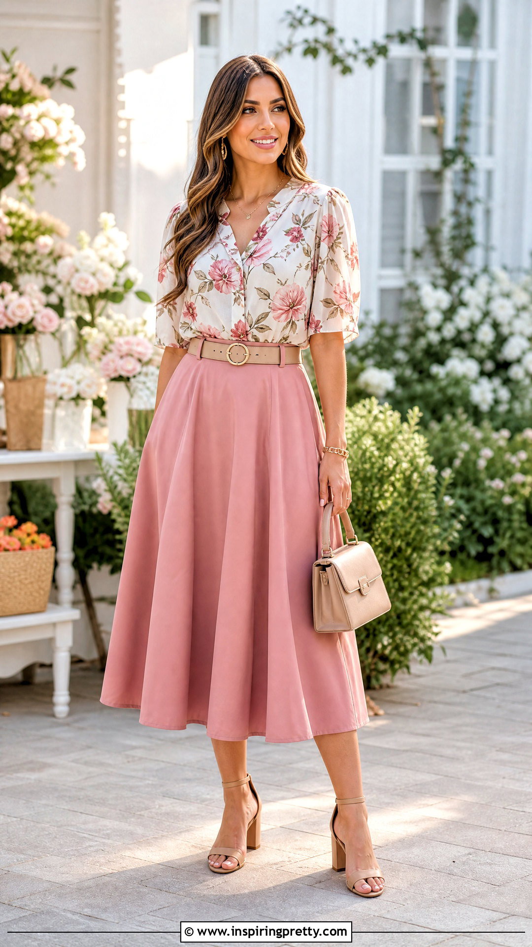 Flower Top With Pink Midi Skirt - 50 Flower Top outfit ideas