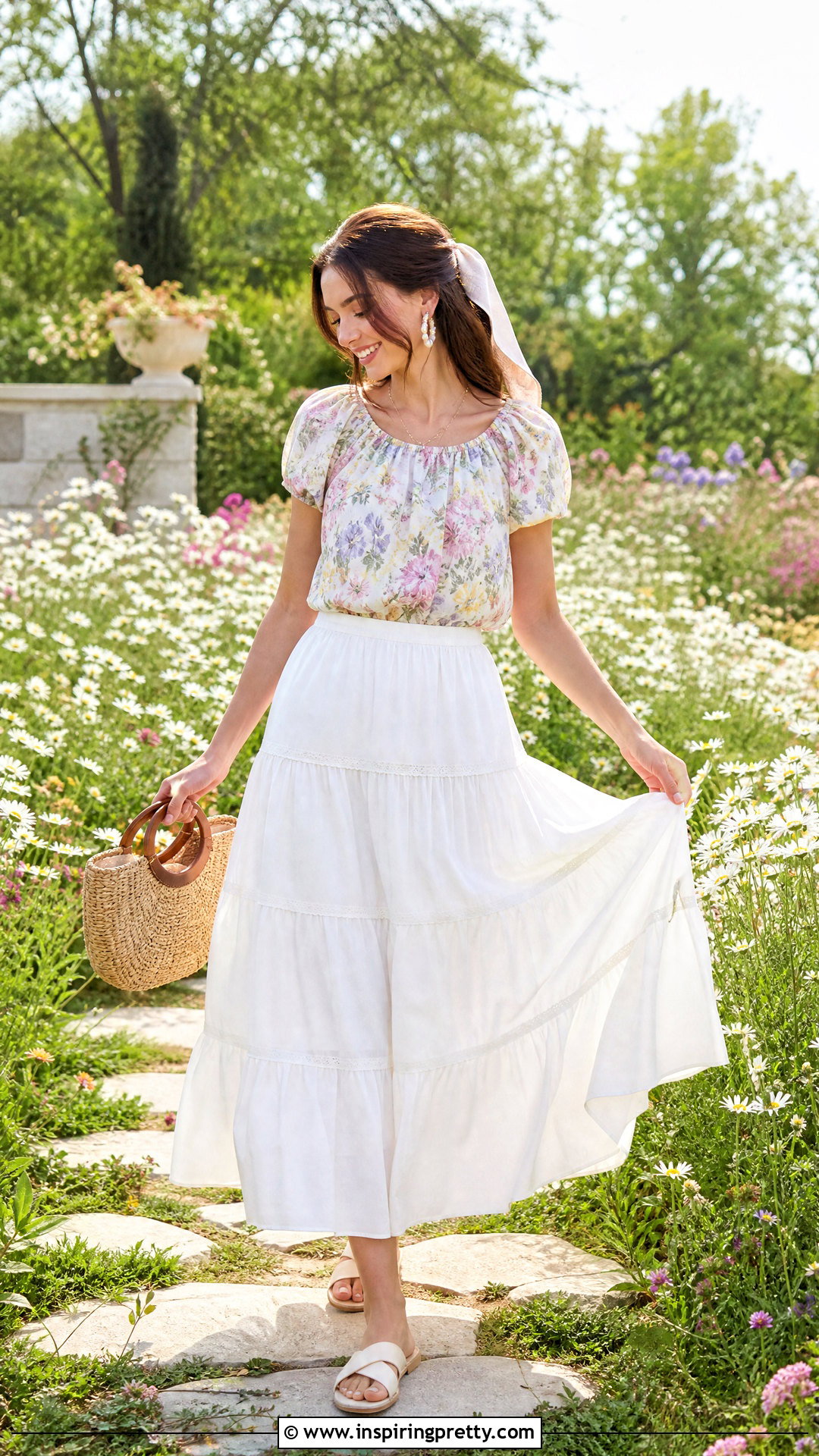 Flower Top With Tiered White Maxi Skirt - 50 flower top photoshoot ideas
