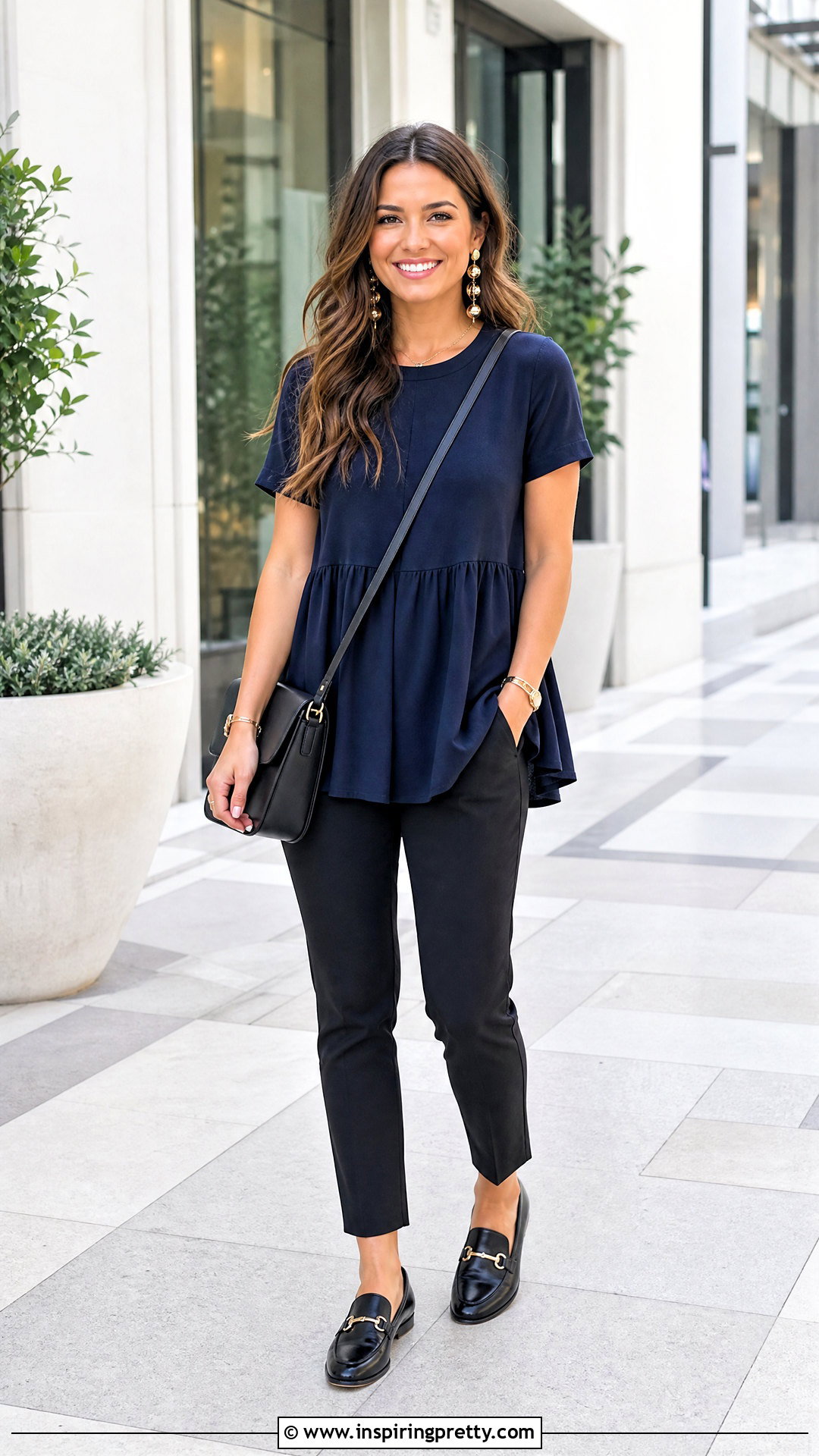 Flowy Babydoll Top With Fitted Pants - 50 cute flowy tops outfit ideas