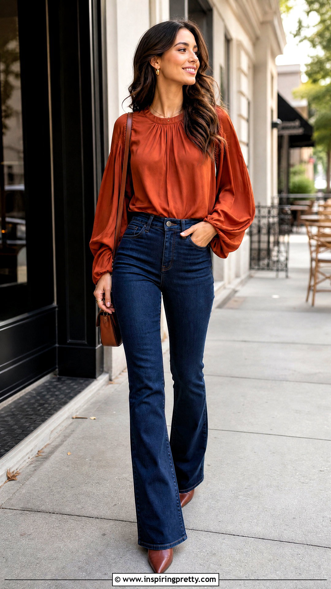 Flowy Bell Sleeve Top With Bootcut Jeans - 50 cute flowy tops outfit ideas