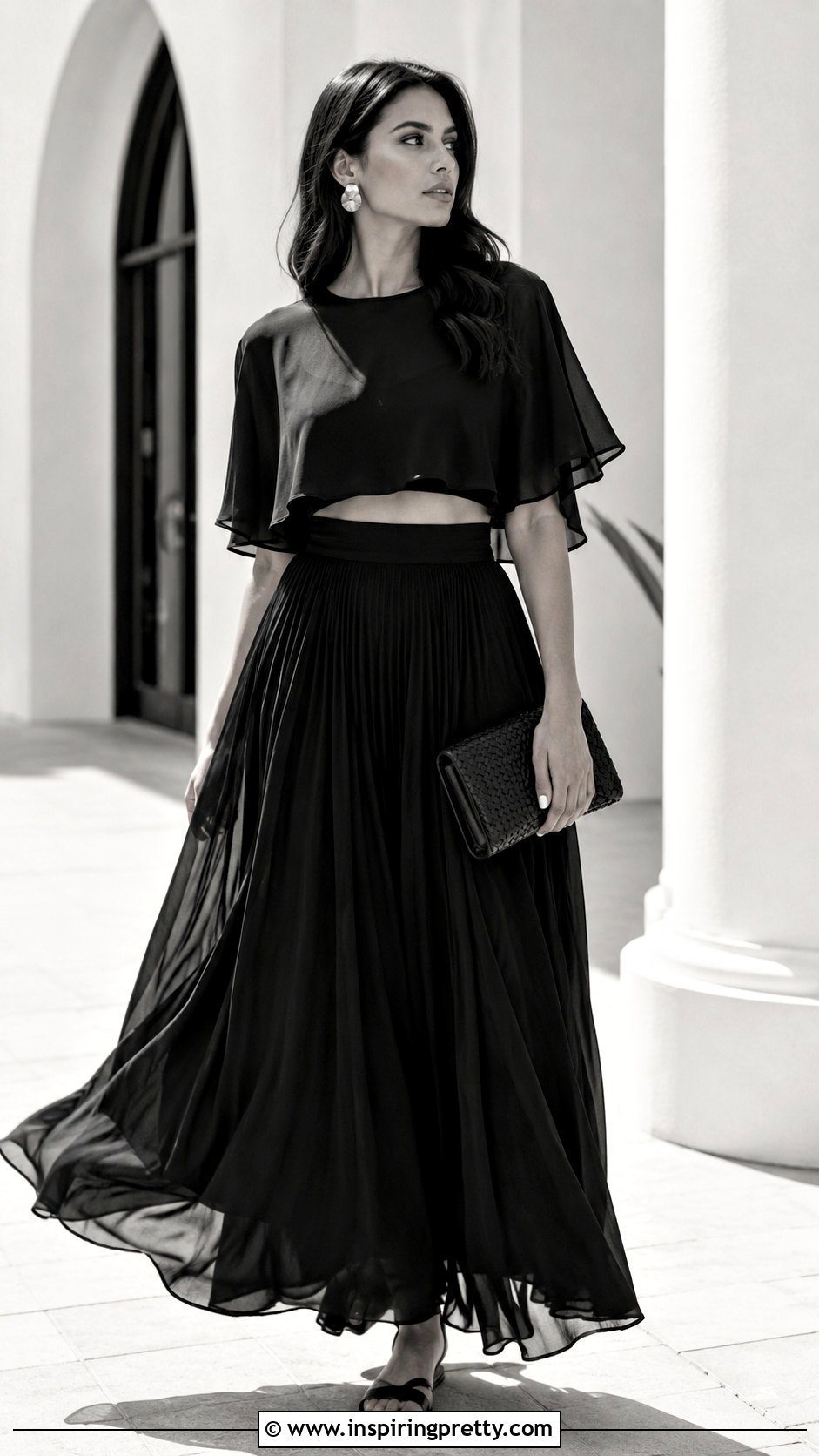 Flowy Black Crop Top With Black Maxi Skirt - 25 Flowy Black Crop Top outfit ideas
