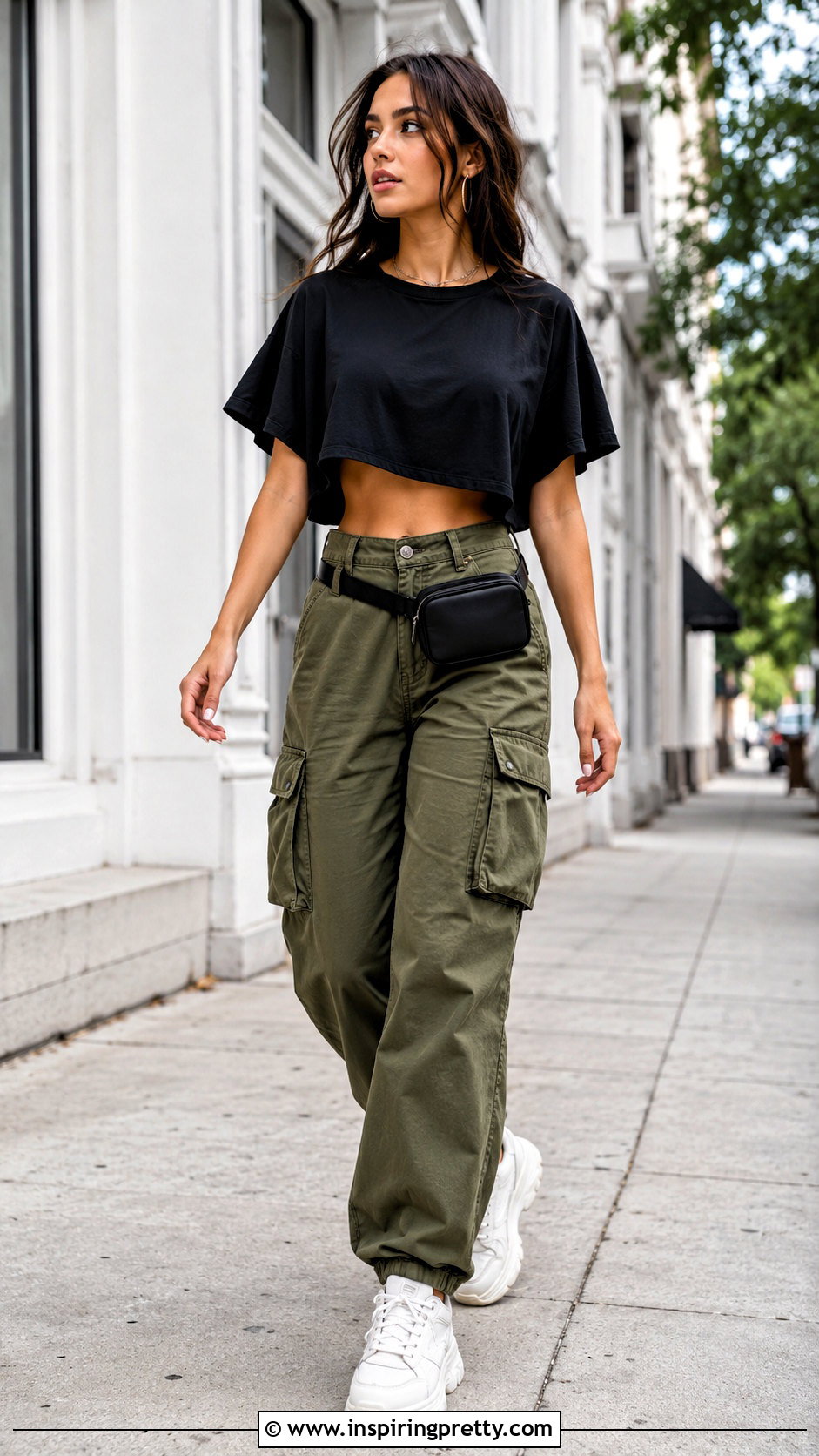 Flowy Black Crop Top With Cargo Pants - 25 Flowy Black Crop Top outfit ideas