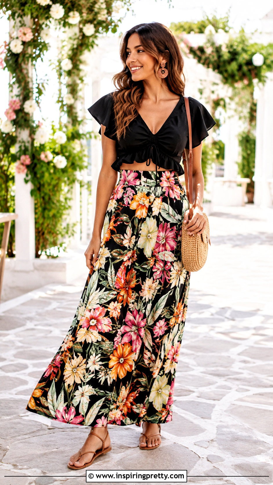 Flowy Black Crop Top With Floral Maxi Skirt - 25 Flowy Black Crop Top outfit ideas