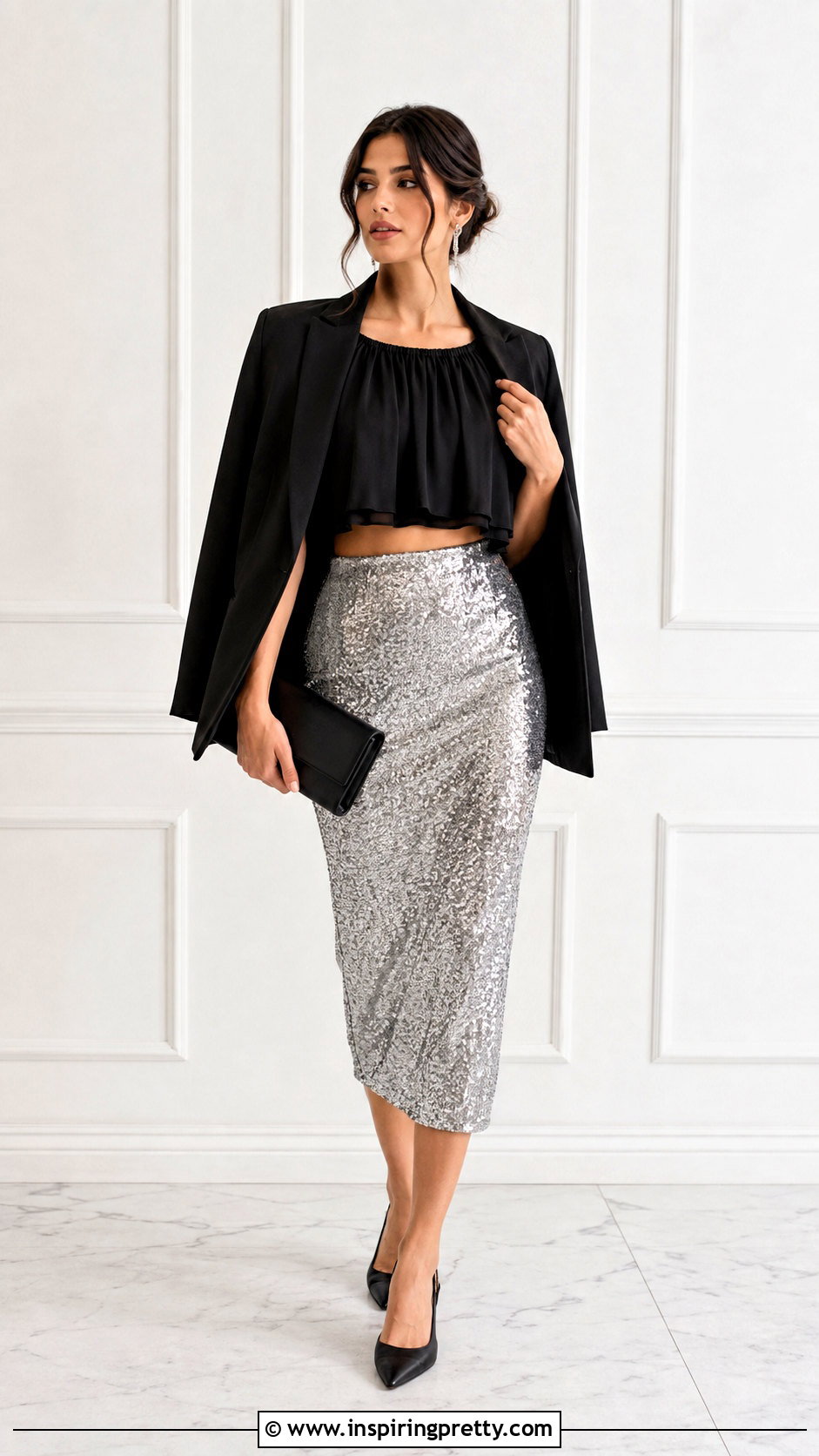 Flowy Black Crop Top With Sequin Midi Skirt - 25 Flowy Black Crop Top outfit ideas