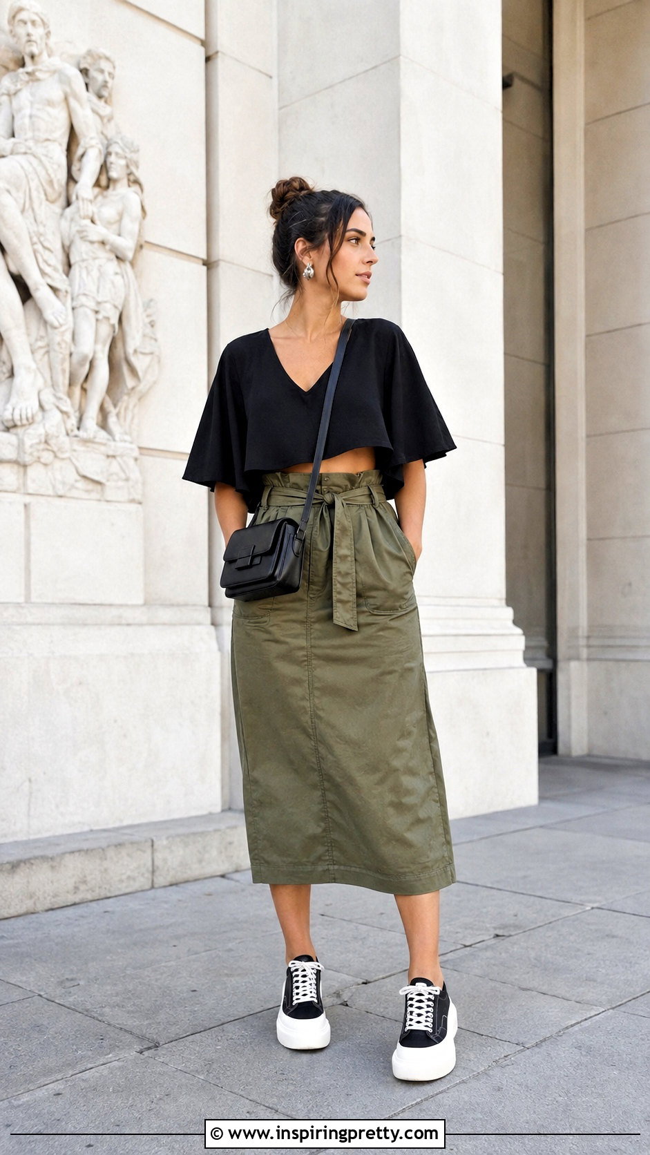 Flowy Black Crop Top With Utility Midi Skirt - 25 Flowy Black Crop Top outfit ideas