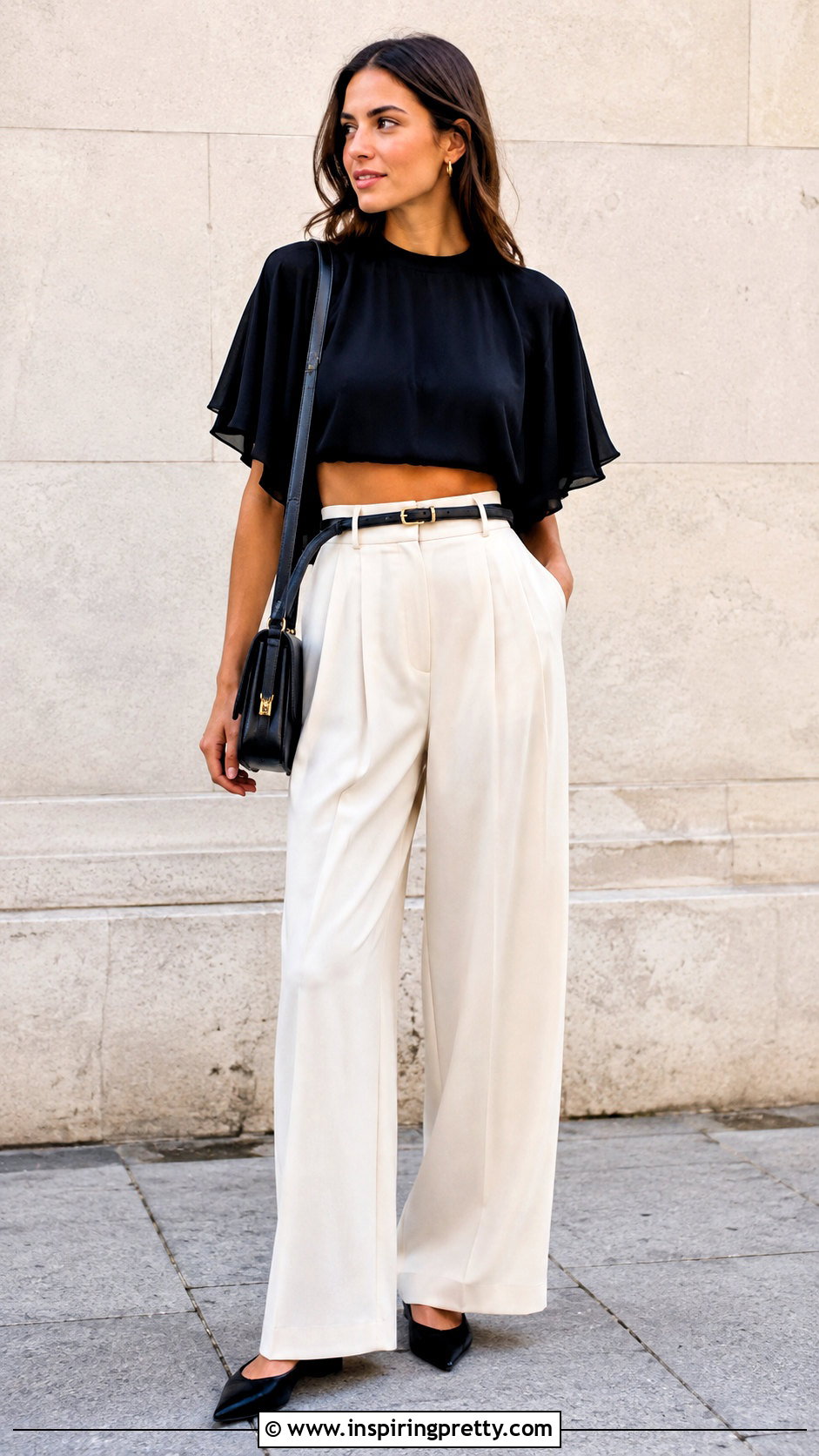 Flowy Black Crop Top With Wide Leg Trousers - 25 Flowy Black Crop Top outfit ideas