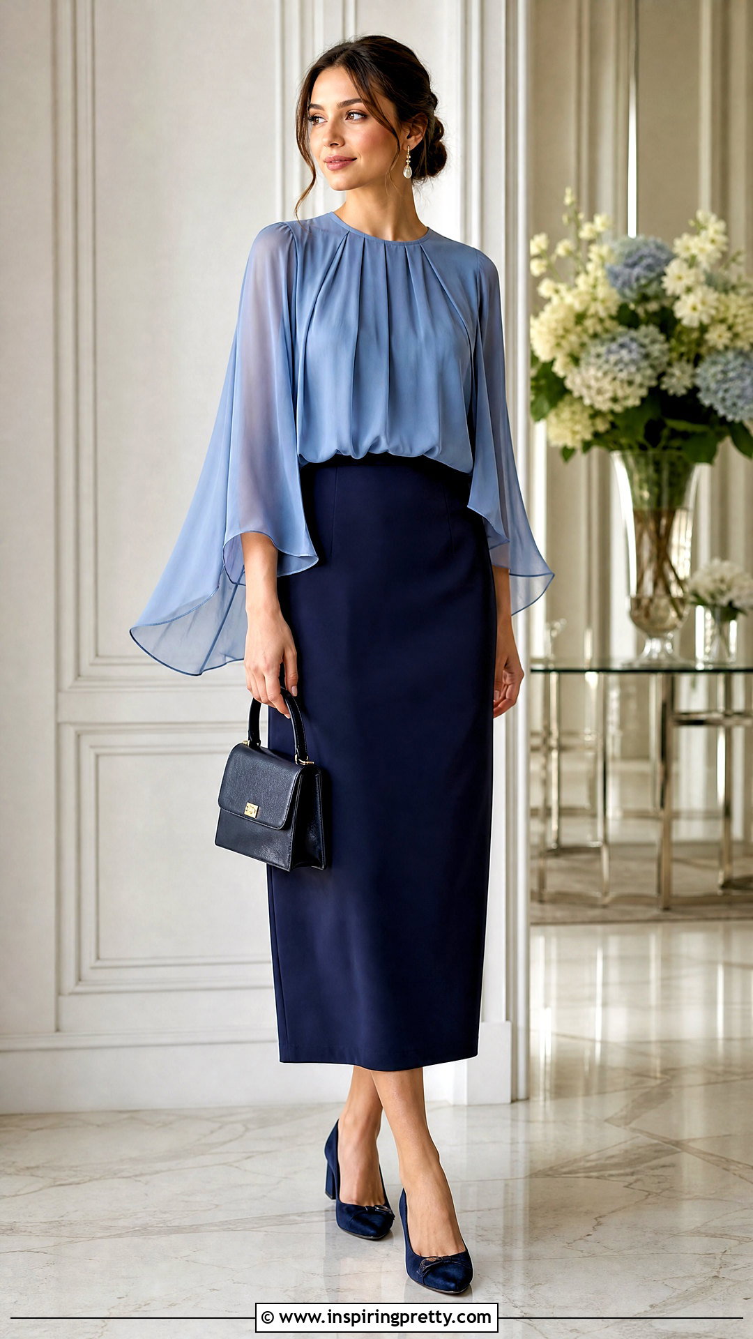 Flowy Chiffon Top With Straight Midi Skirt - 50 modest summer tops outfit ideas