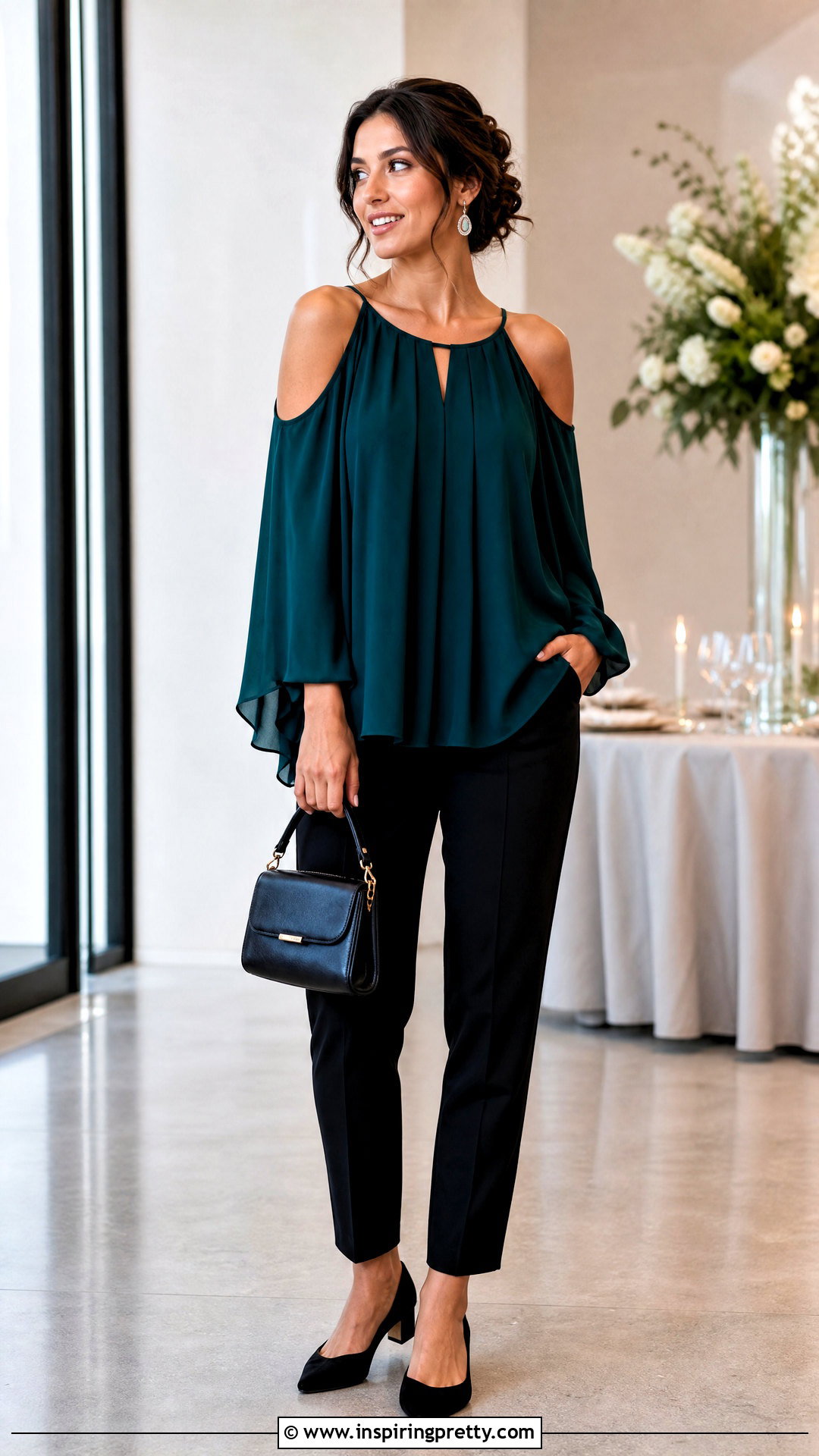 Flowy Cold Shoulder Top With Black Pants - 50 cute flowy tops outfit ideas