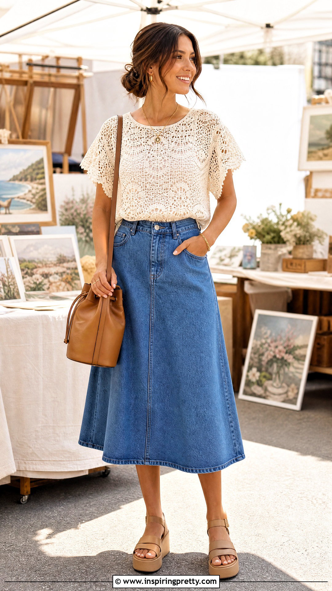 Flowy Crochet Top With Denim Skirt - 50 flowy tops outfit ideas