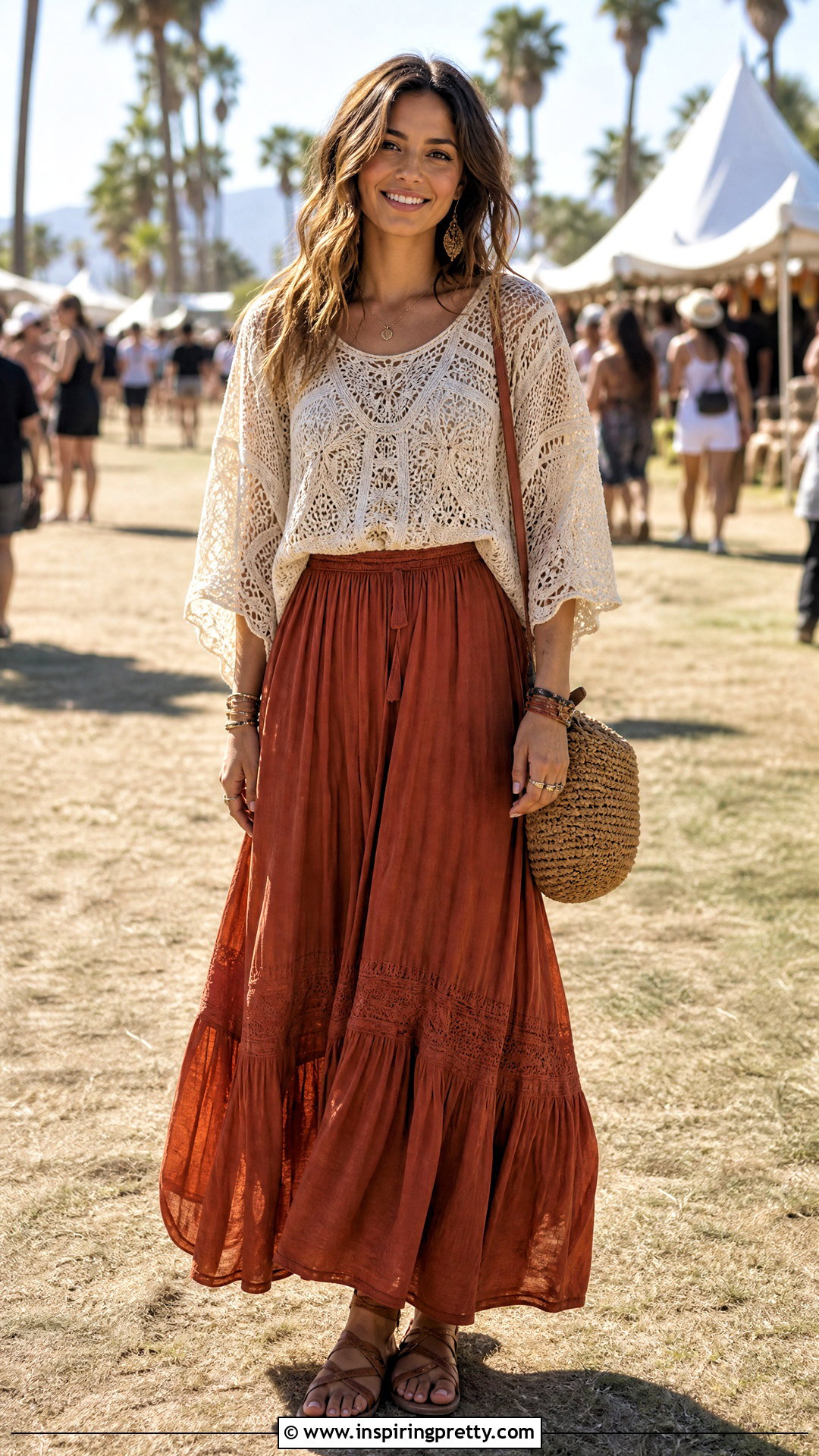 Flowy Crochet Top With Maxi Skirt - 50 cute flowy tops outfit ideas