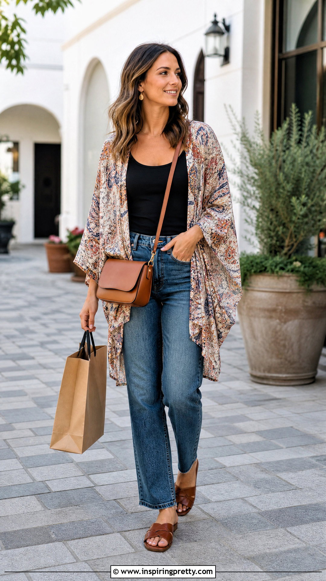 Flowy Kimono Top With Jeans And Camisole - 50 cute flowy tops outfit ideas