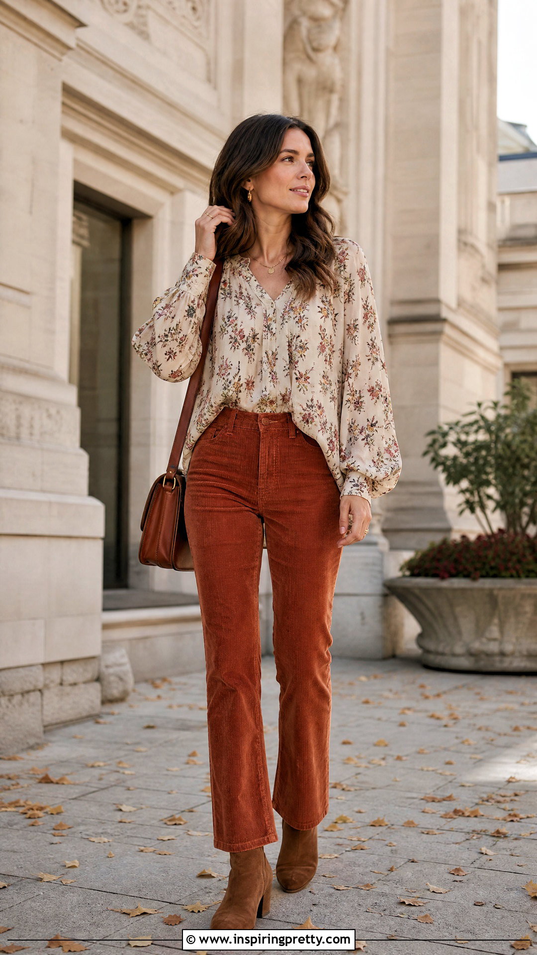 Flowy Long Sleeve Top With Corduroy Pants - 50 flowy tops outfit ideas