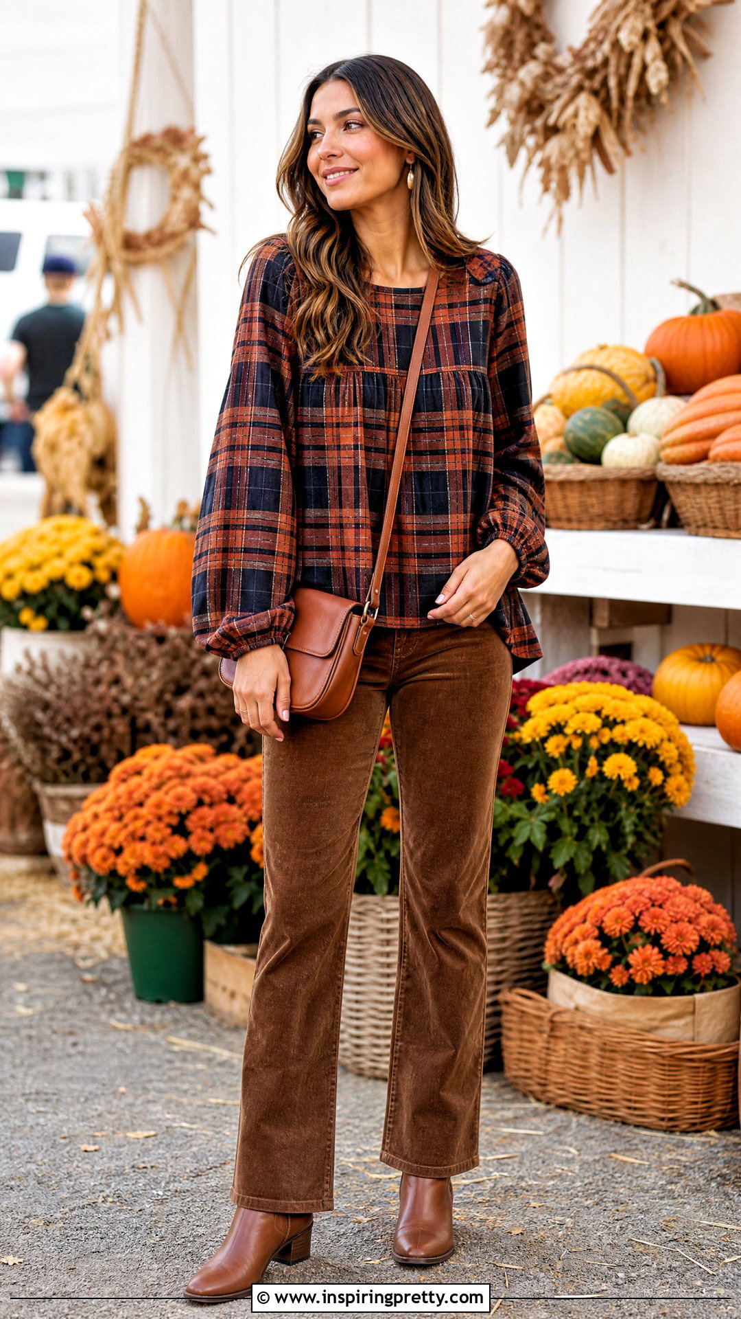Flowy Plaid Top With Corduroy Pants - 50 cute flowy tops outfit ideas