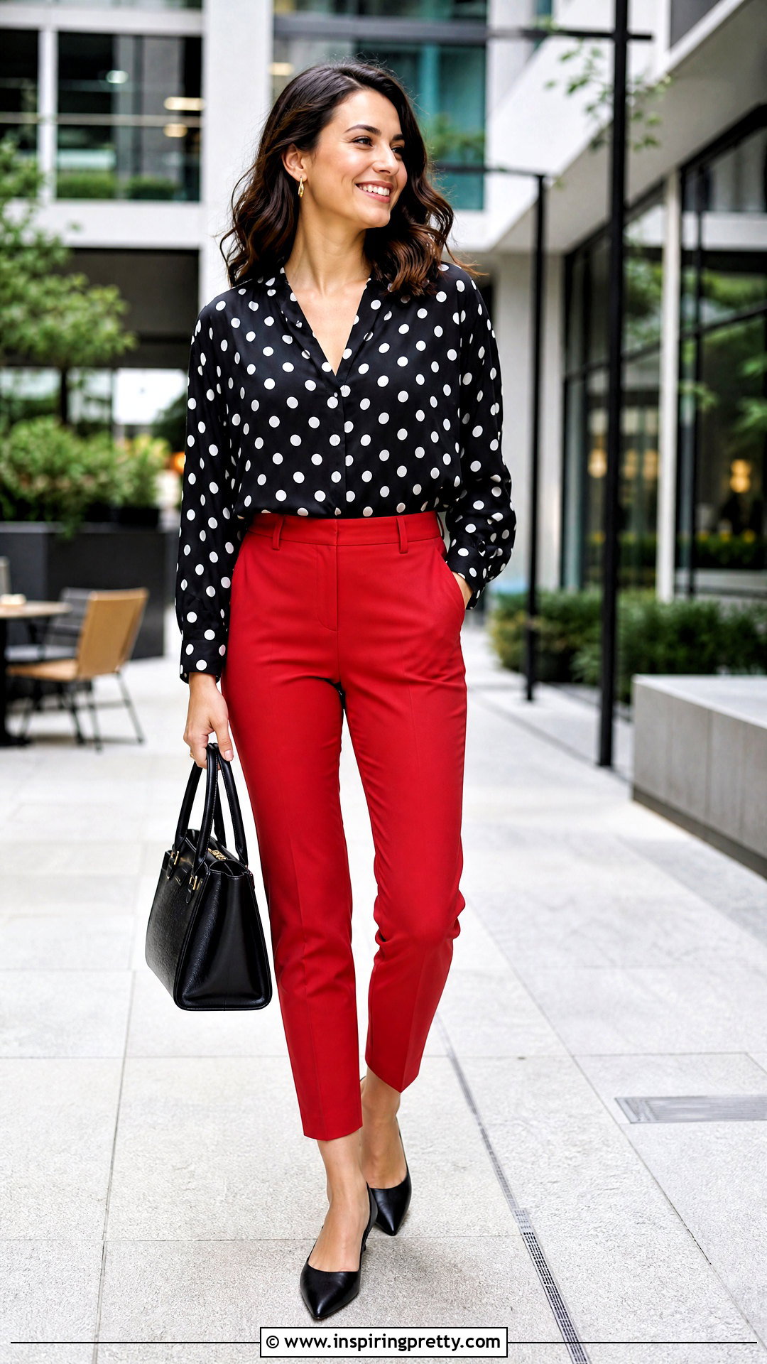 Flowy Polka Dot Top With Red Pants - 50 flowy tops outfit ideas