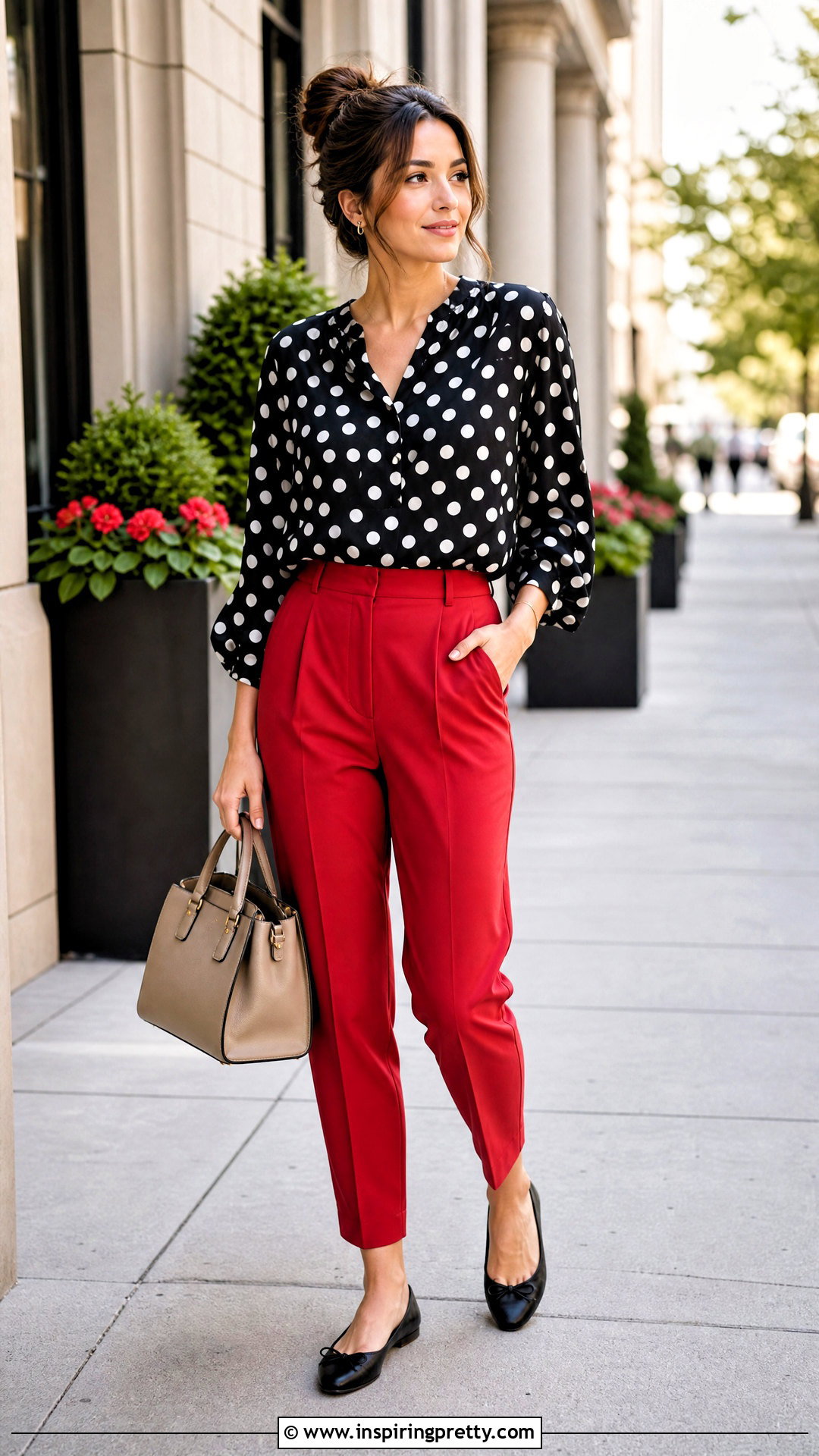 Flowy Polka Dot Top With Red Pants - 50 cute flowy tops outfit ideas