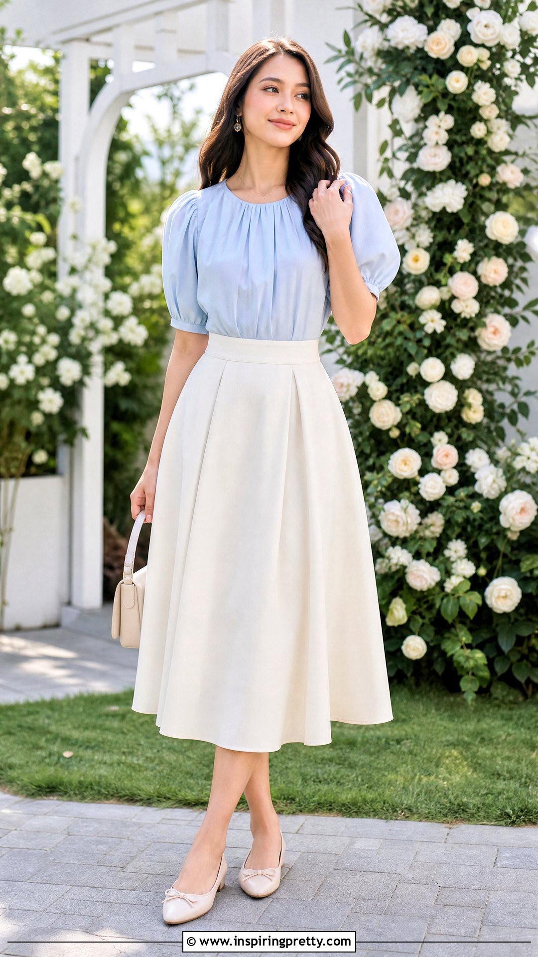 Flowy Puff Sleeve Top With A Line Skirt - 50 cute flowy tops outfit ideas