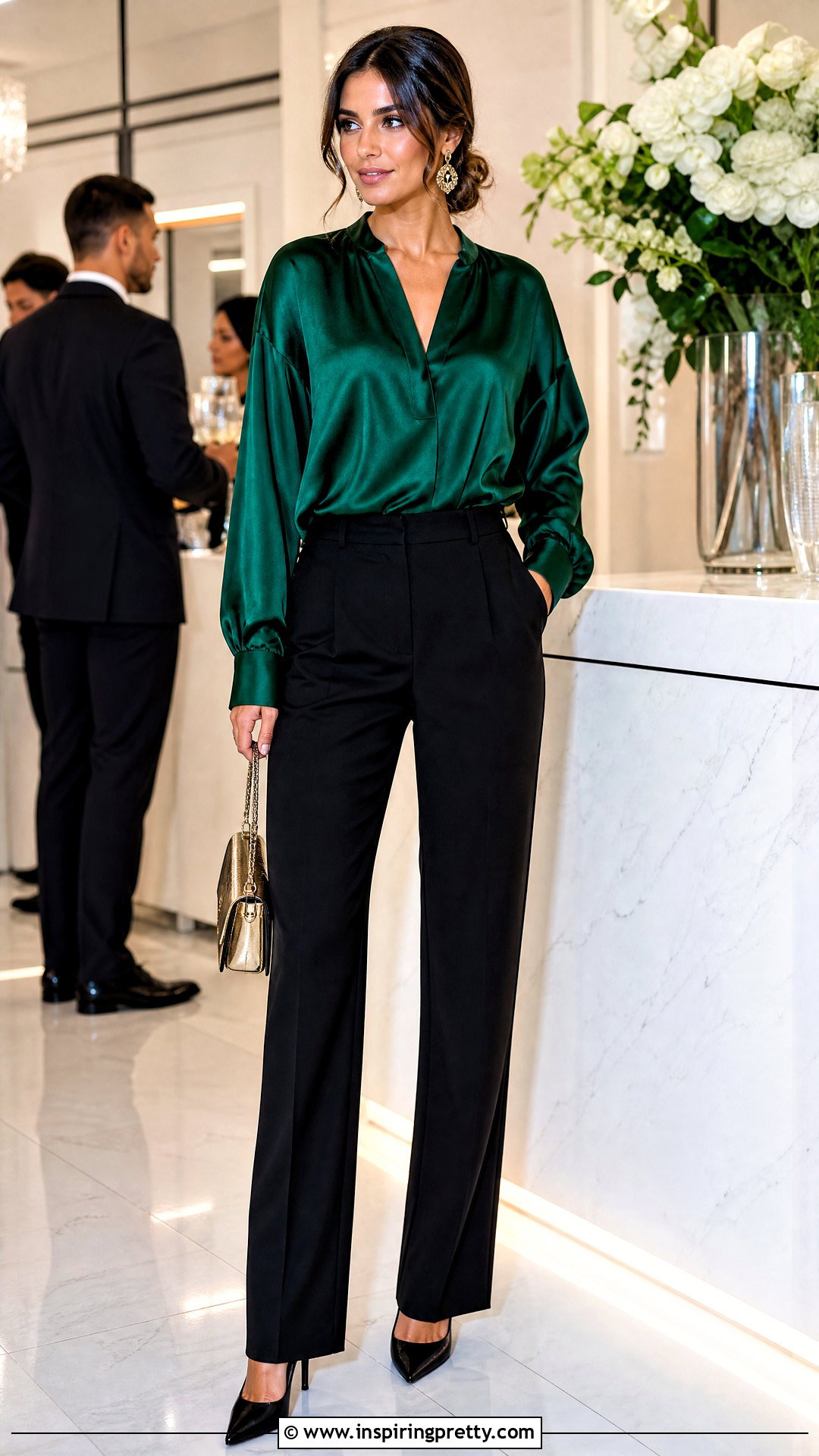 Flowy Satin Top With Black Trousers - 50 flowy tops outfit ideas