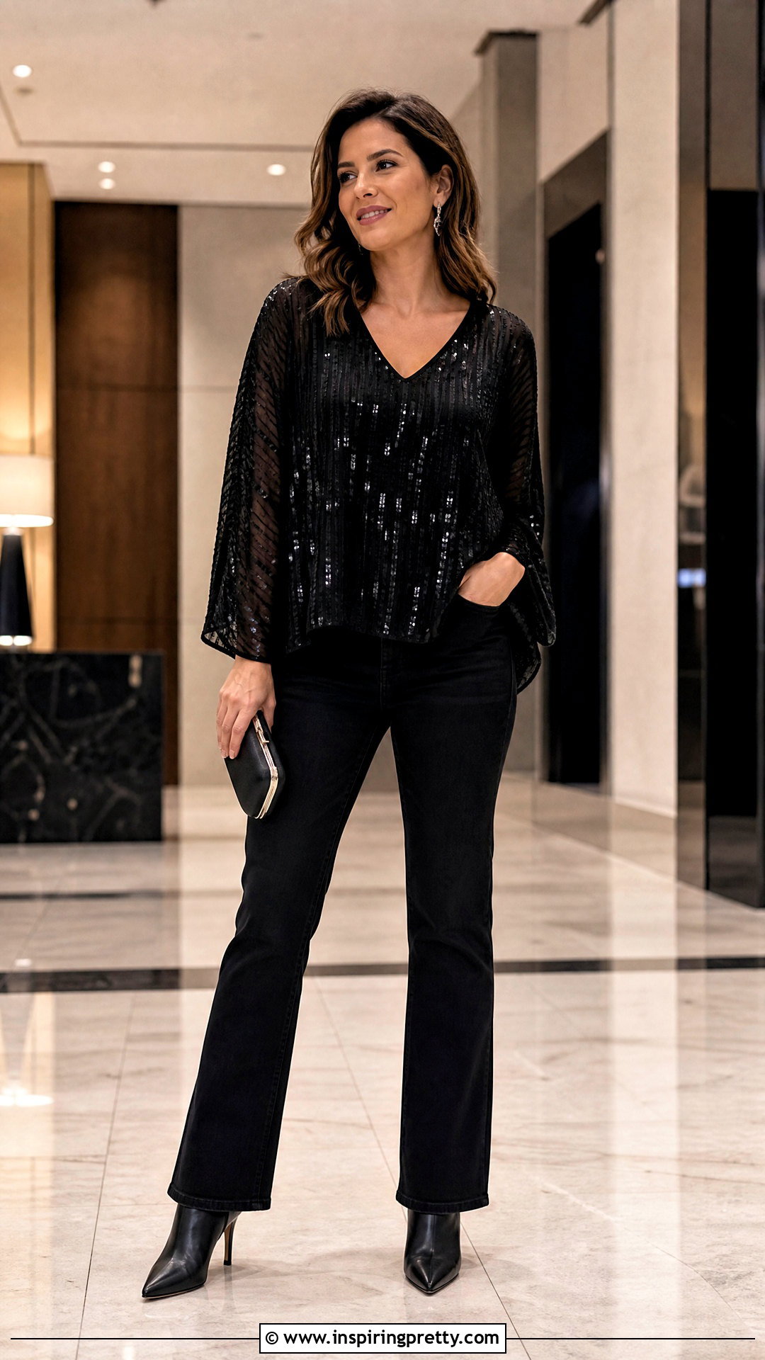 Flowy Sequin Top With Black Jeans - 50 cute flowy tops outfit ideas