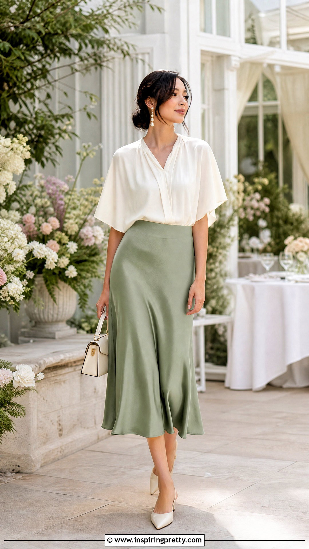 Flowy Top With Satin Midi Skirt - 50 cute flowy tops outfit ideas