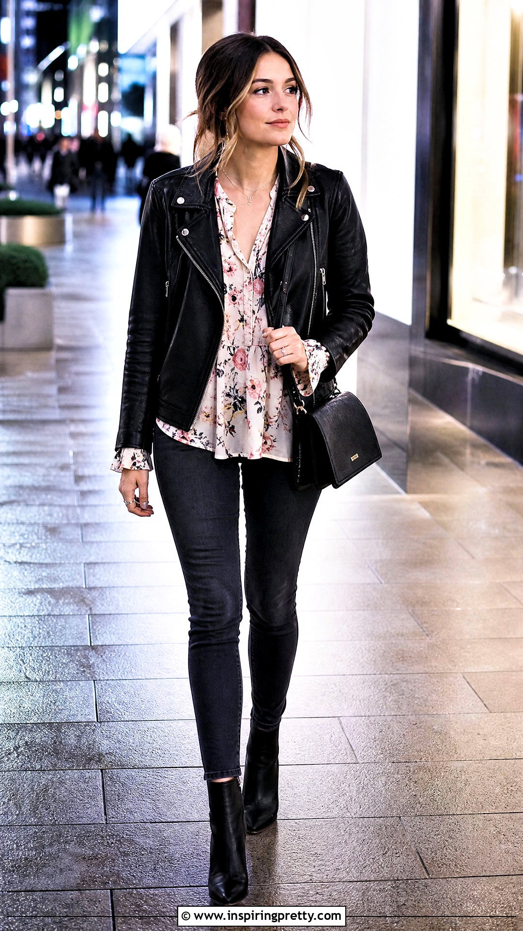 Flowy Top With a Leather Jacket and Jeans - 50 flowy tops outfit ideas